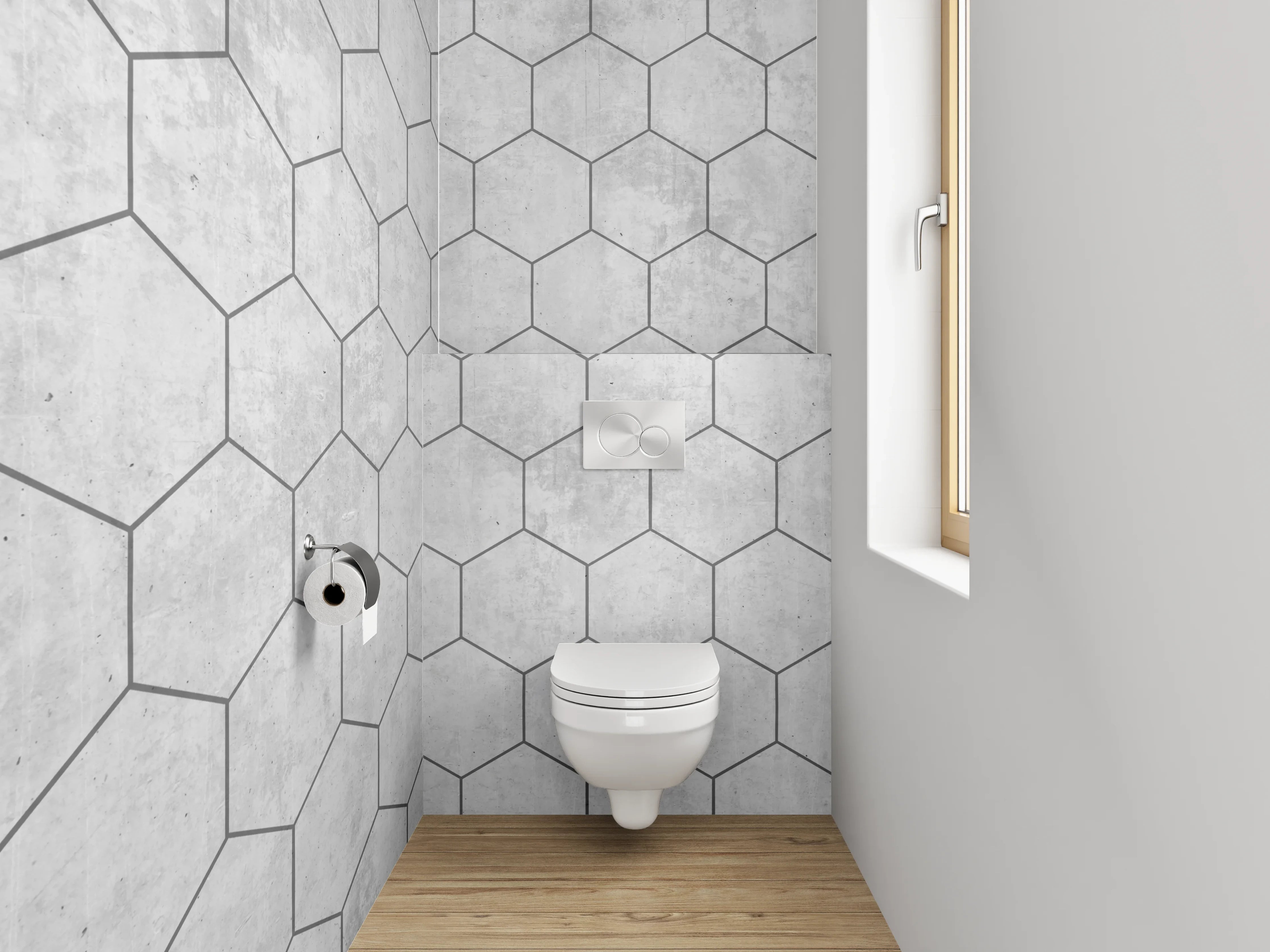 WC-Rückwand - Weiße Beton-Sechseck-Fliesenmuster Optik