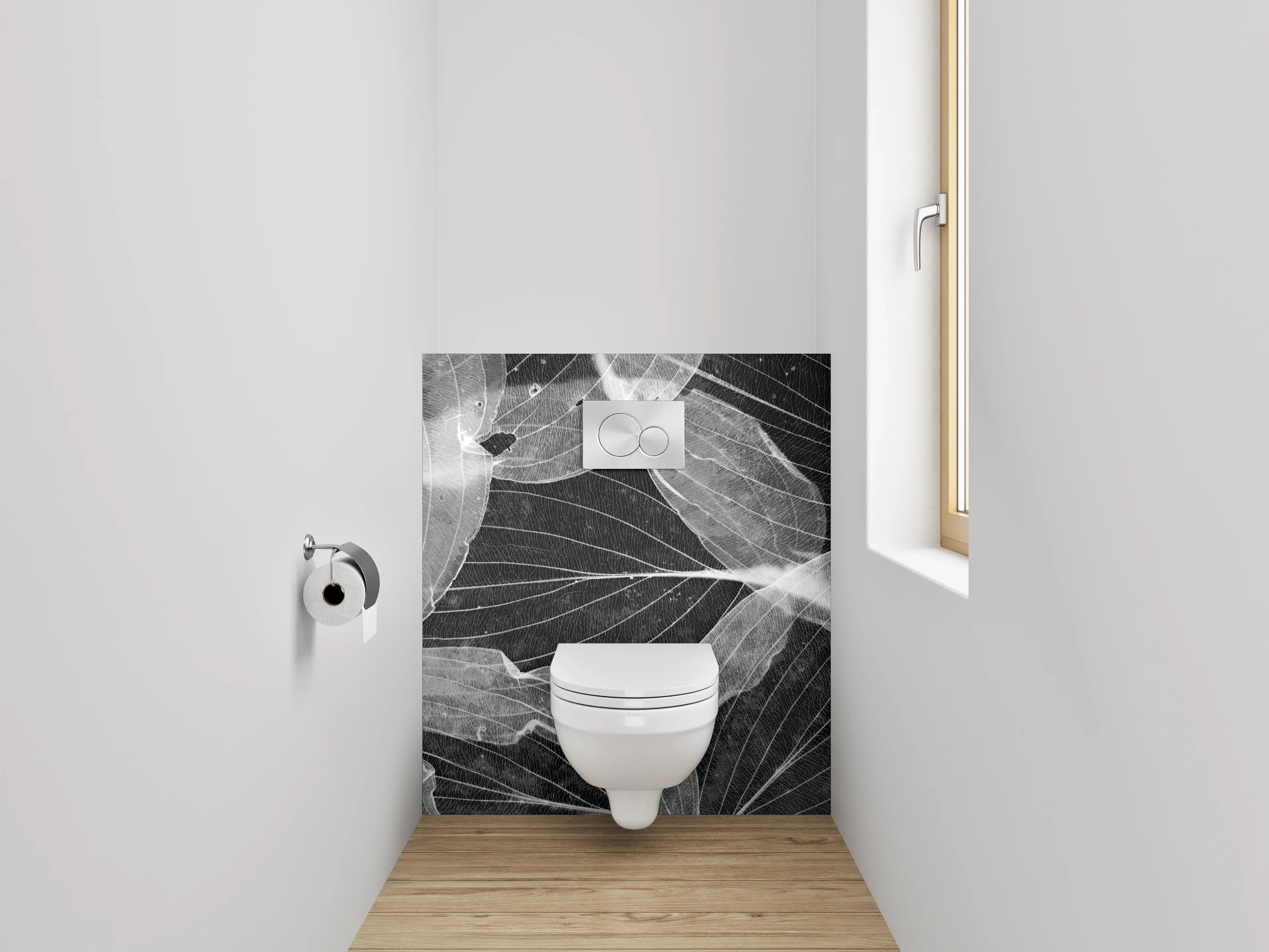 WC-Rückwand - Weiße Blätterstrukturen auf Schwarz