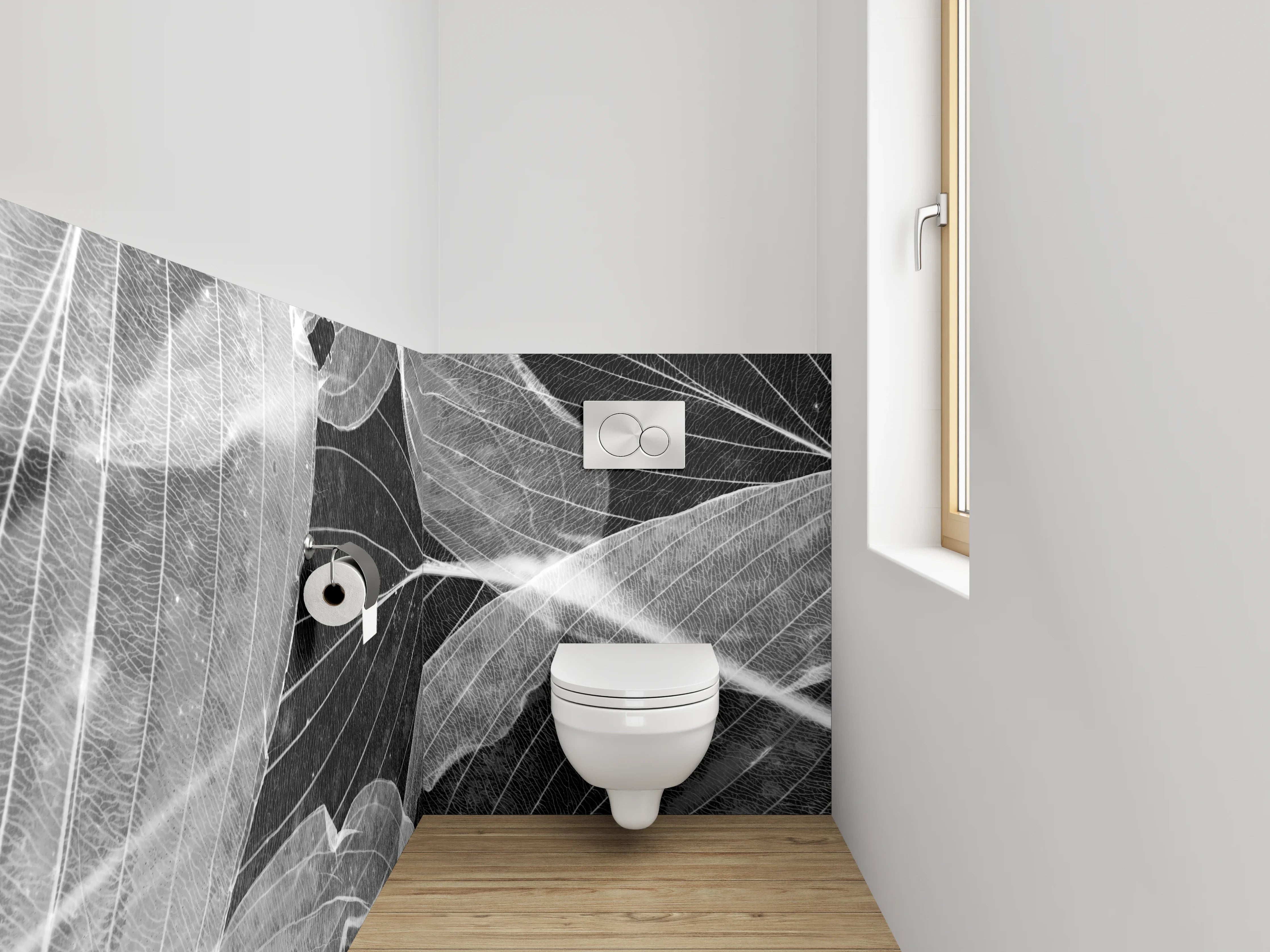 WC-Rückwand - Weiße Blätterstrukturen auf Schwarz
