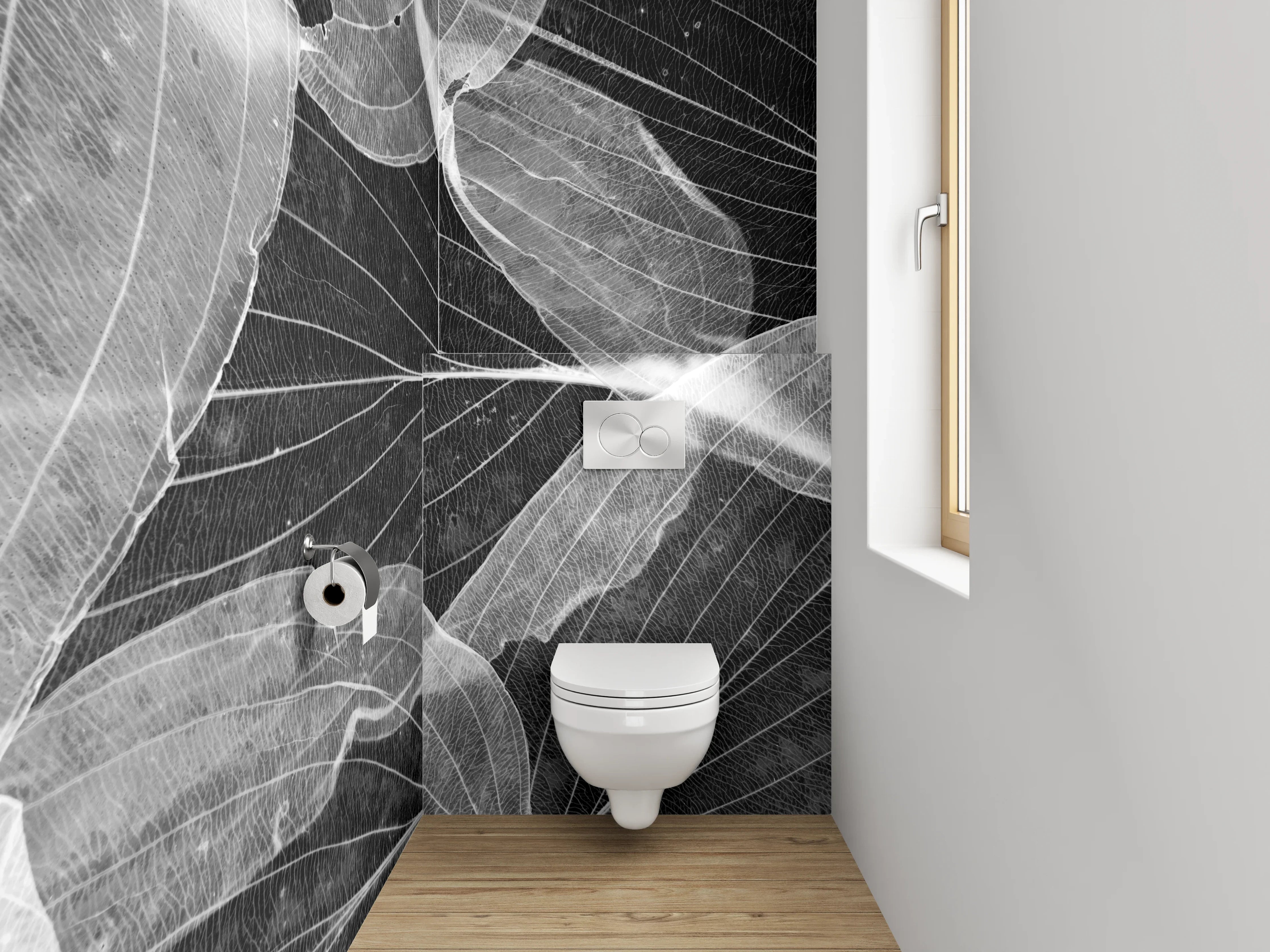 WC-Rückwand - Weiße Blätterstrukturen auf Schwarz