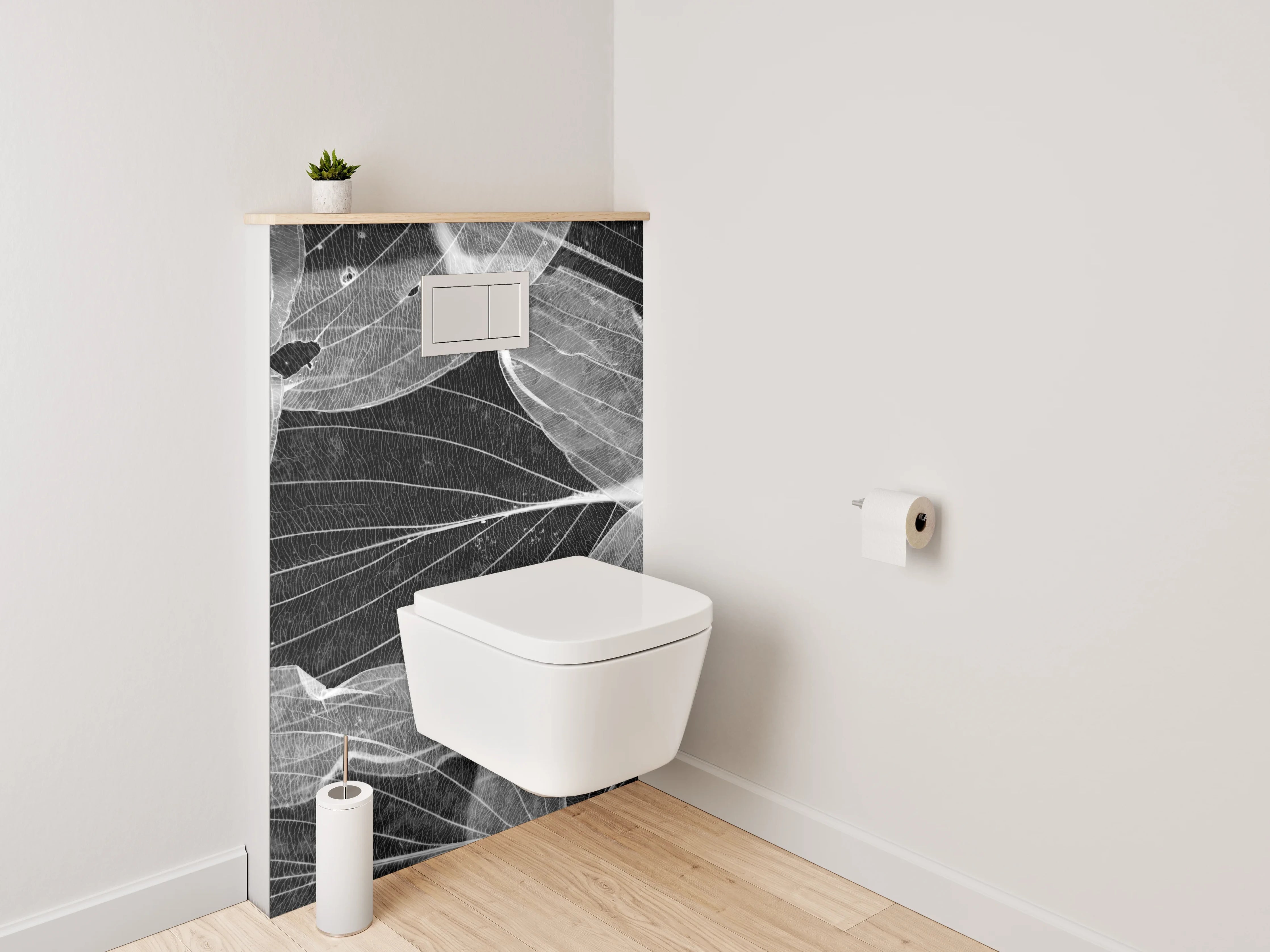 WC-Rückwand - Weiße Blätterstrukturen auf Schwarz
