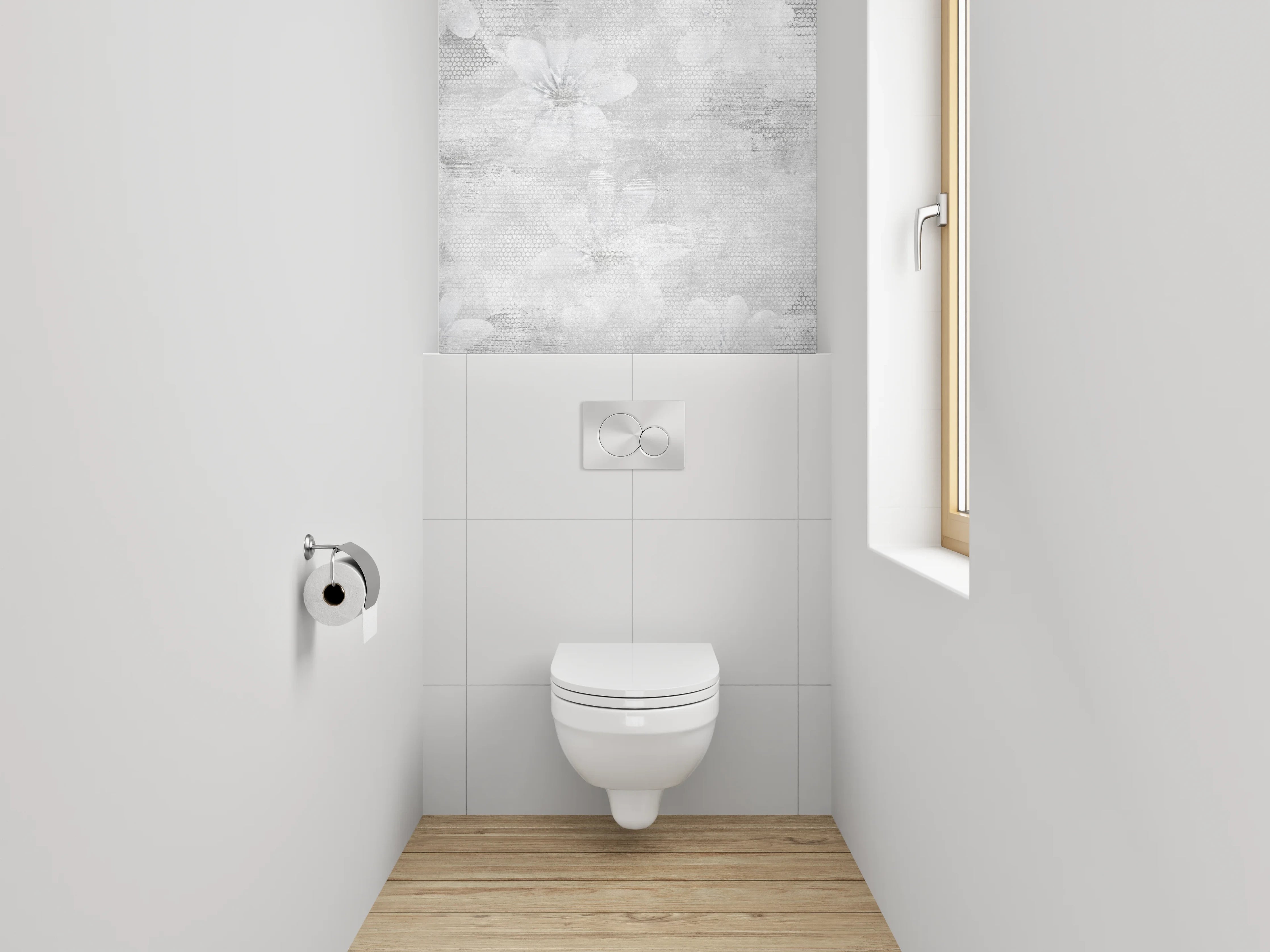 WC-Rückwand - Weiße Blüten auf grauem Aquarell