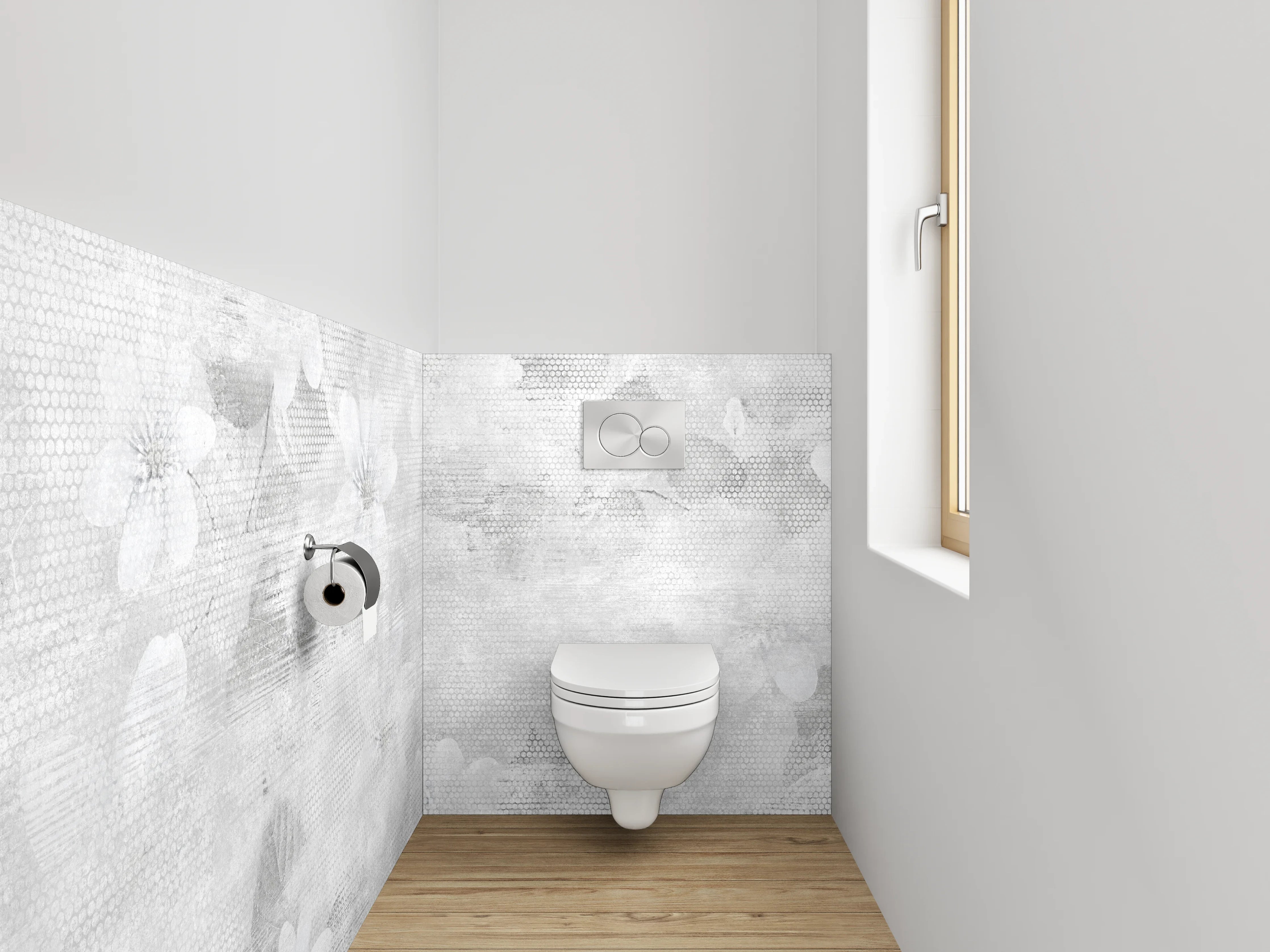 WC-Rückwand - Weiße Blüten auf grauem Aquarell