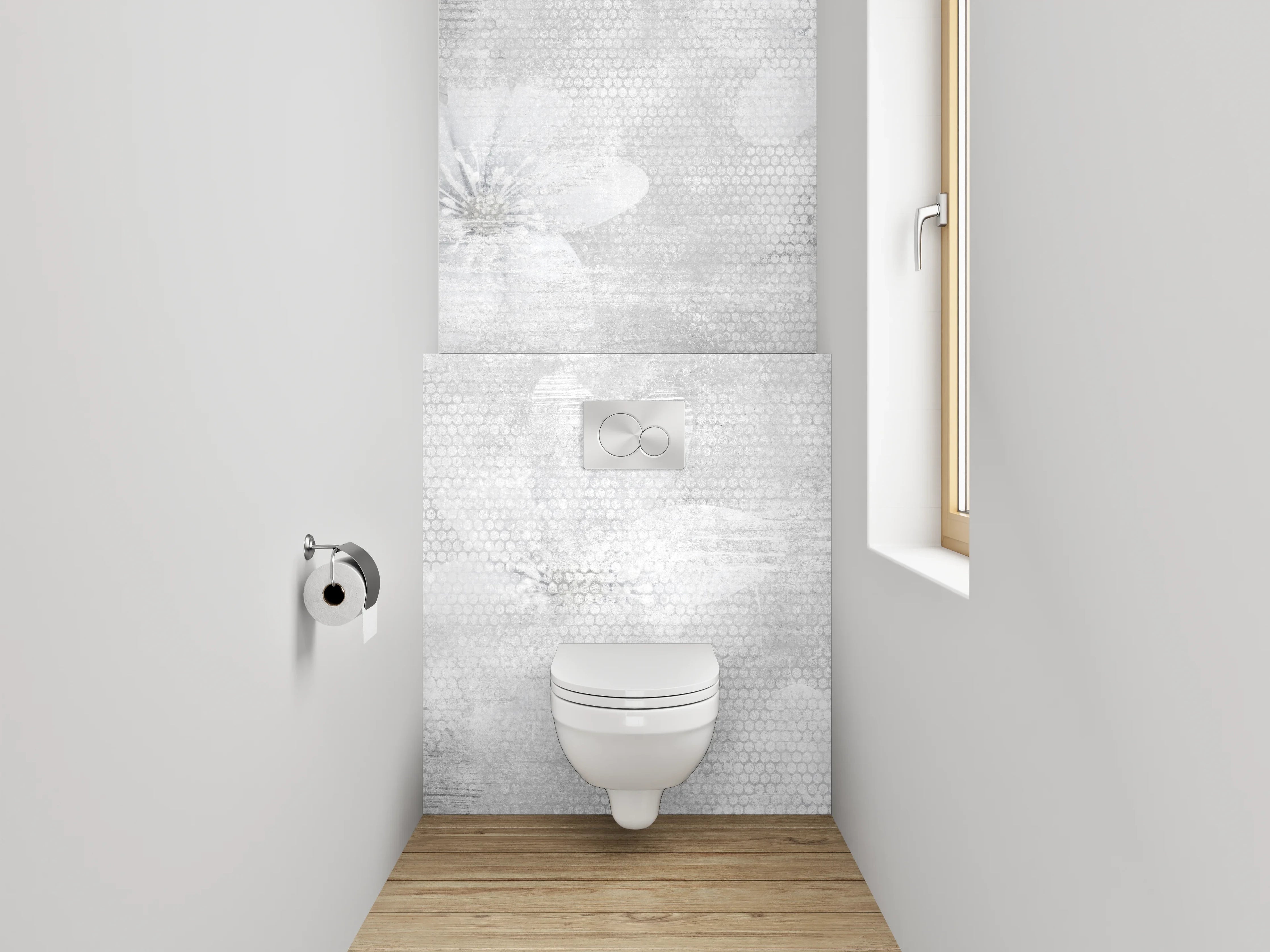 WC-Rückwand - Weiße Blüten auf grauem Aquarell