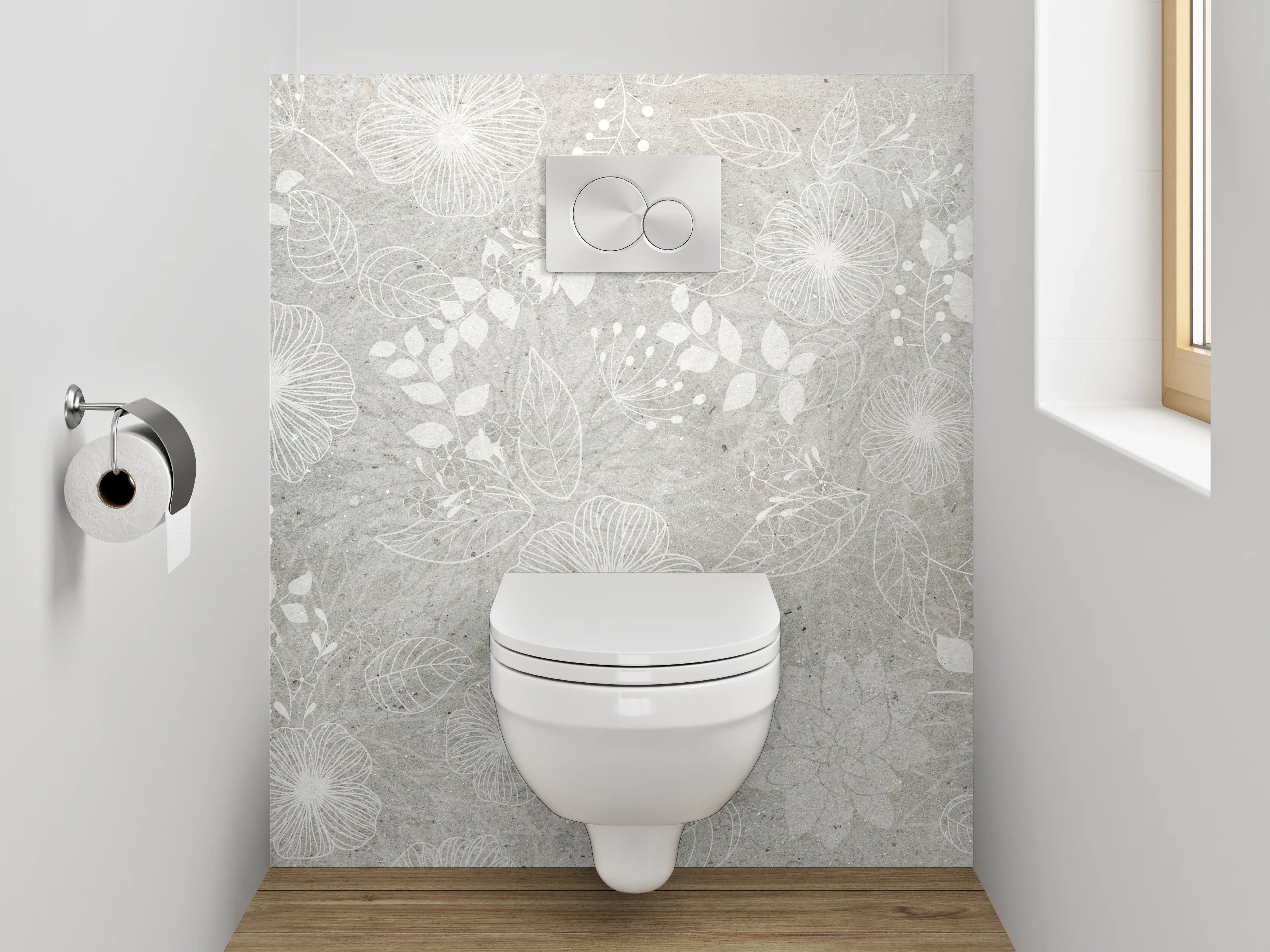WC-Rückwand - Weiße Blumen auf grauem Untergrund