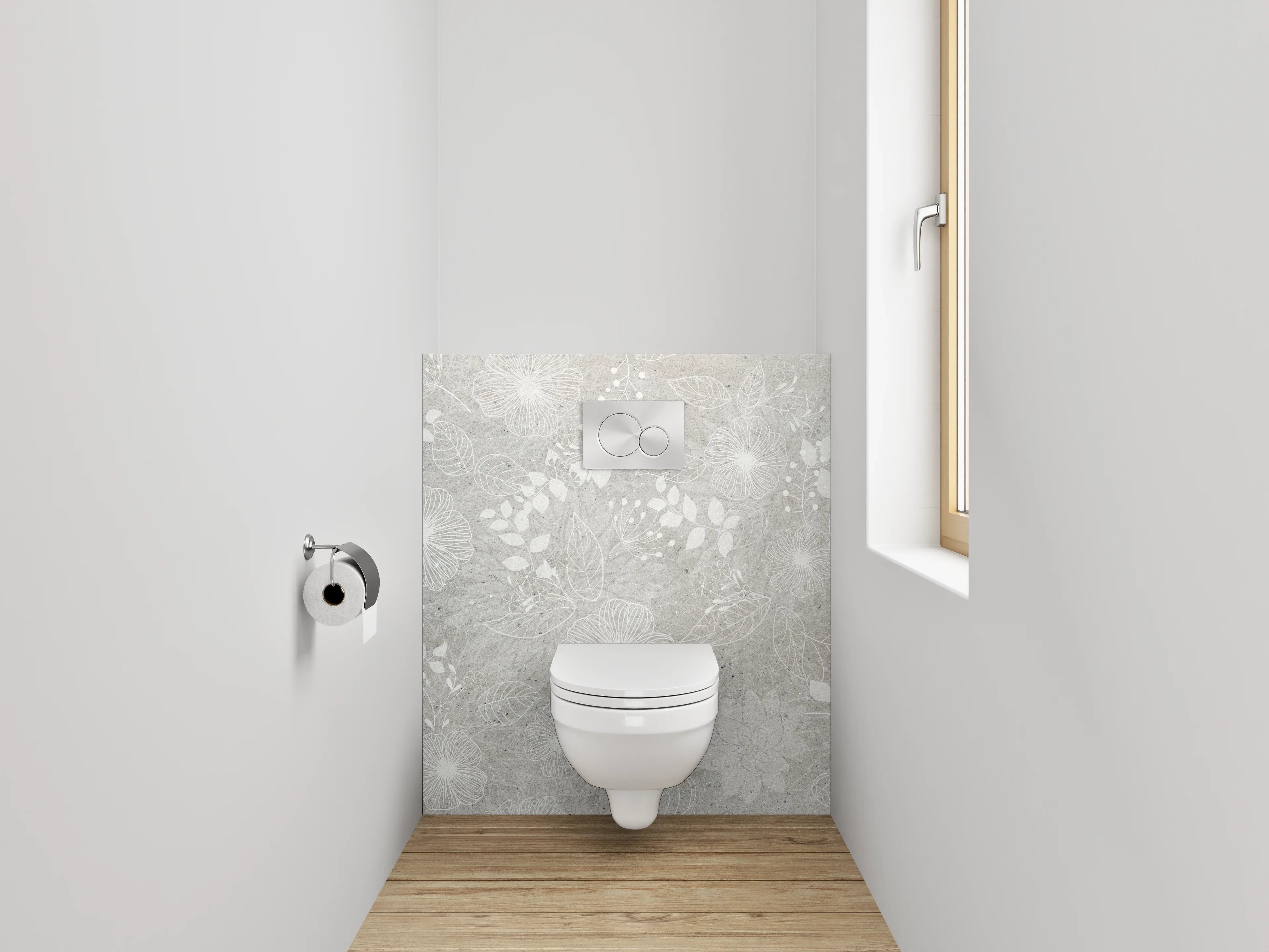 WC-Rückwand - Weiße Blumen auf grauem Untergrund