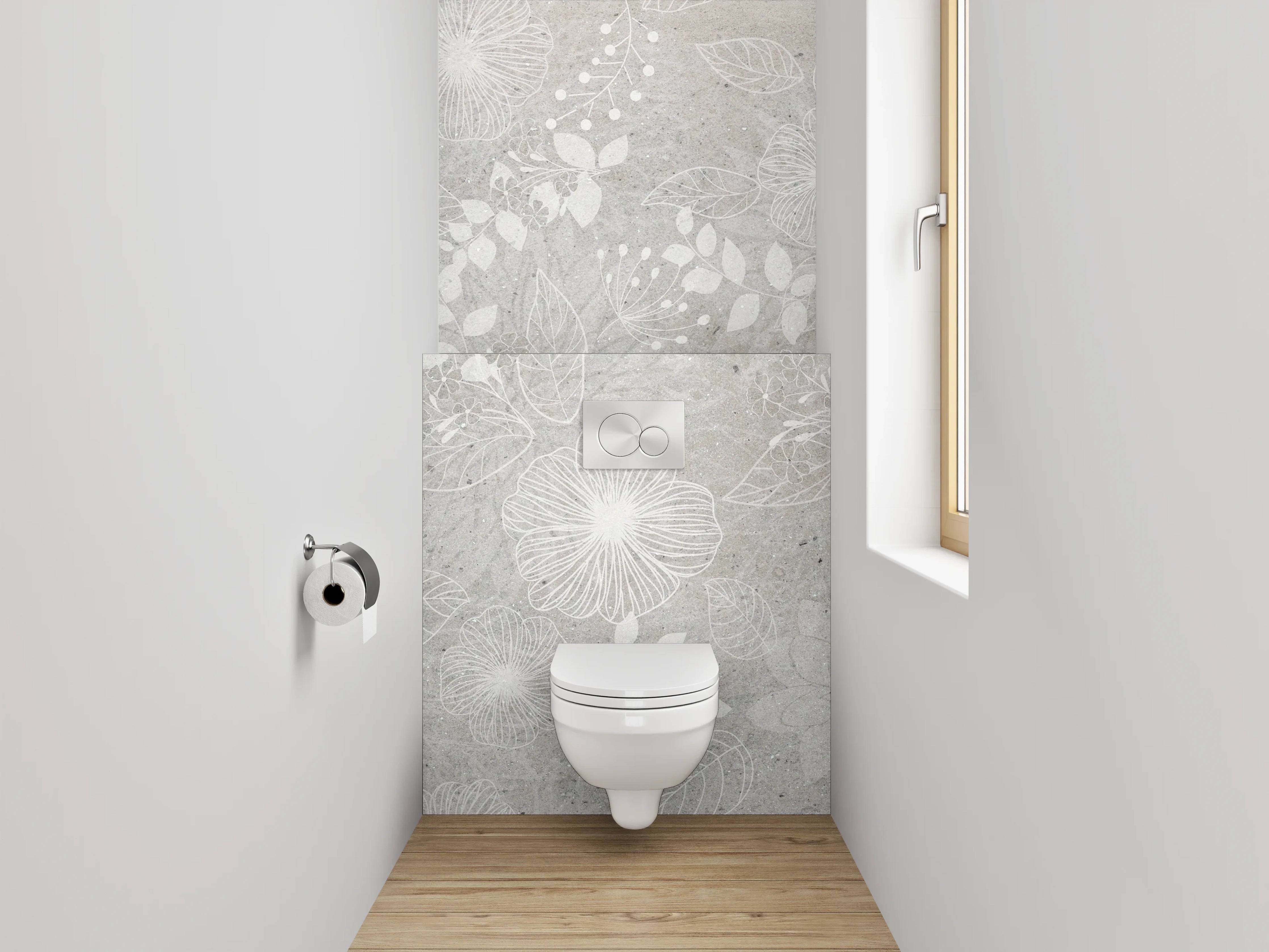 WC-Rückwand - Weiße Blumen auf grauem Untergrund