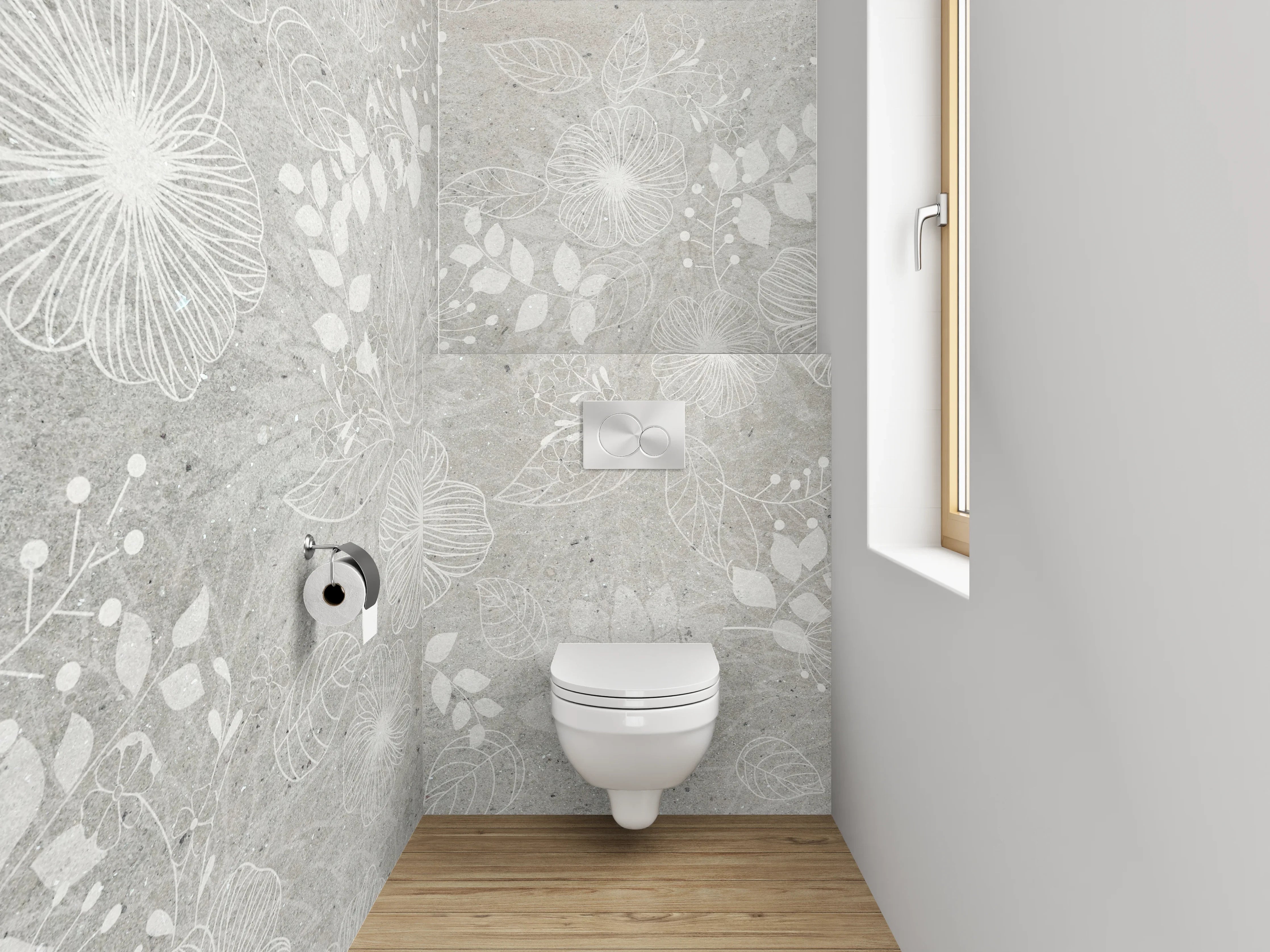 WC-Rückwand - Weiße Blumen auf grauem Untergrund
