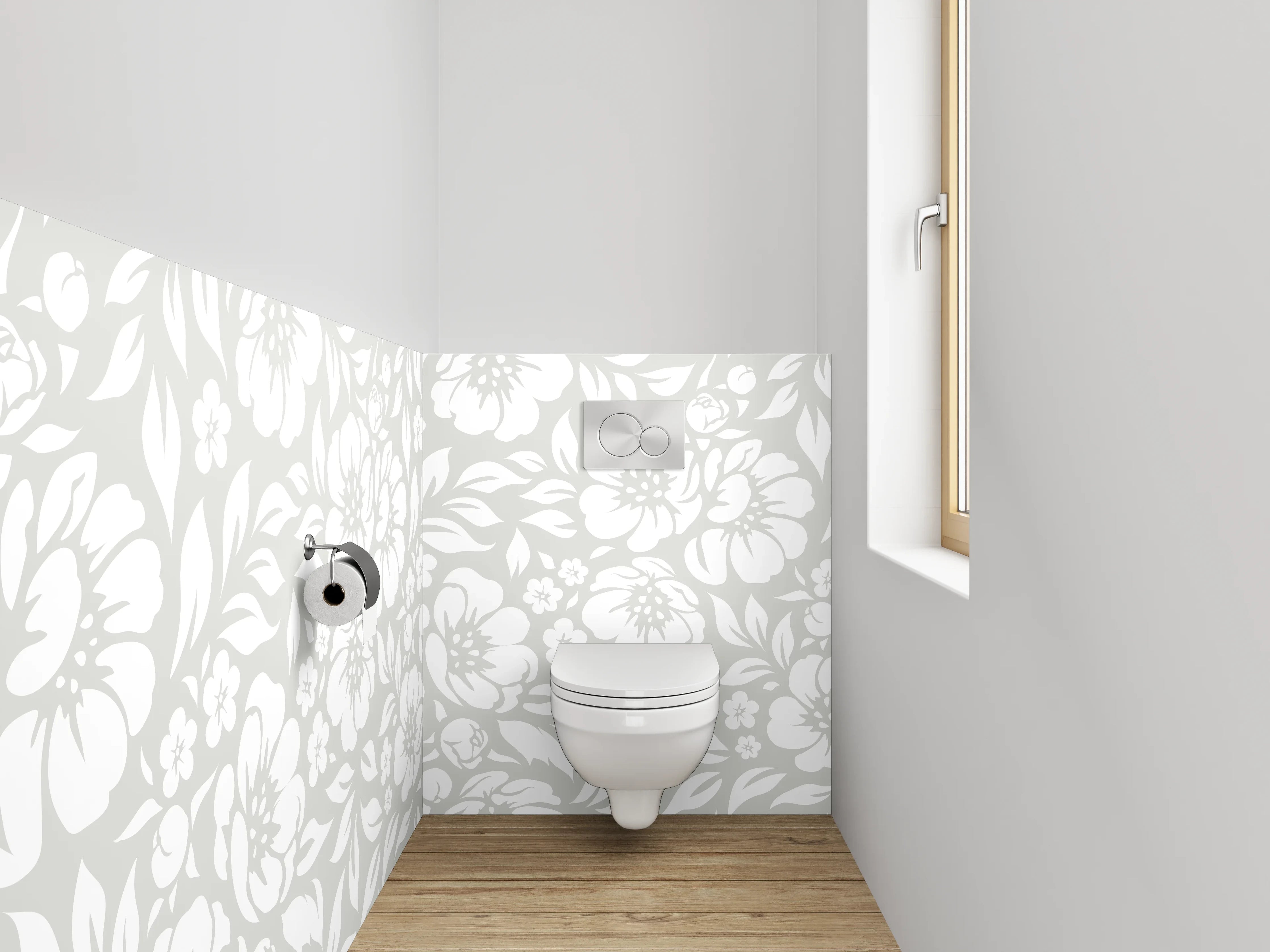 WC-Rückwand - Weiße Blumen auf hellgrauem Hintergrund