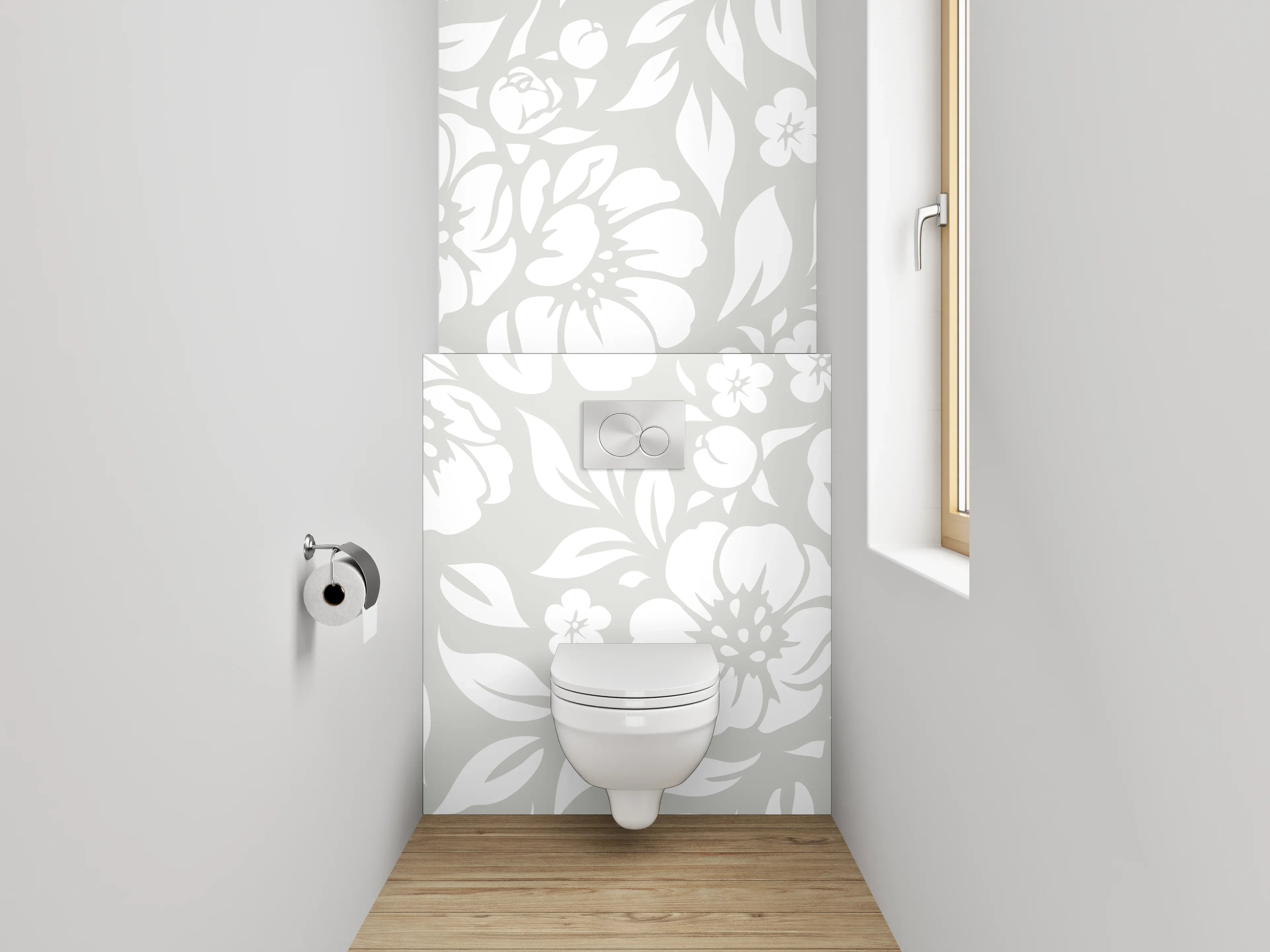WC-Rückwand - Weiße Blumen auf hellgrauem Hintergrund