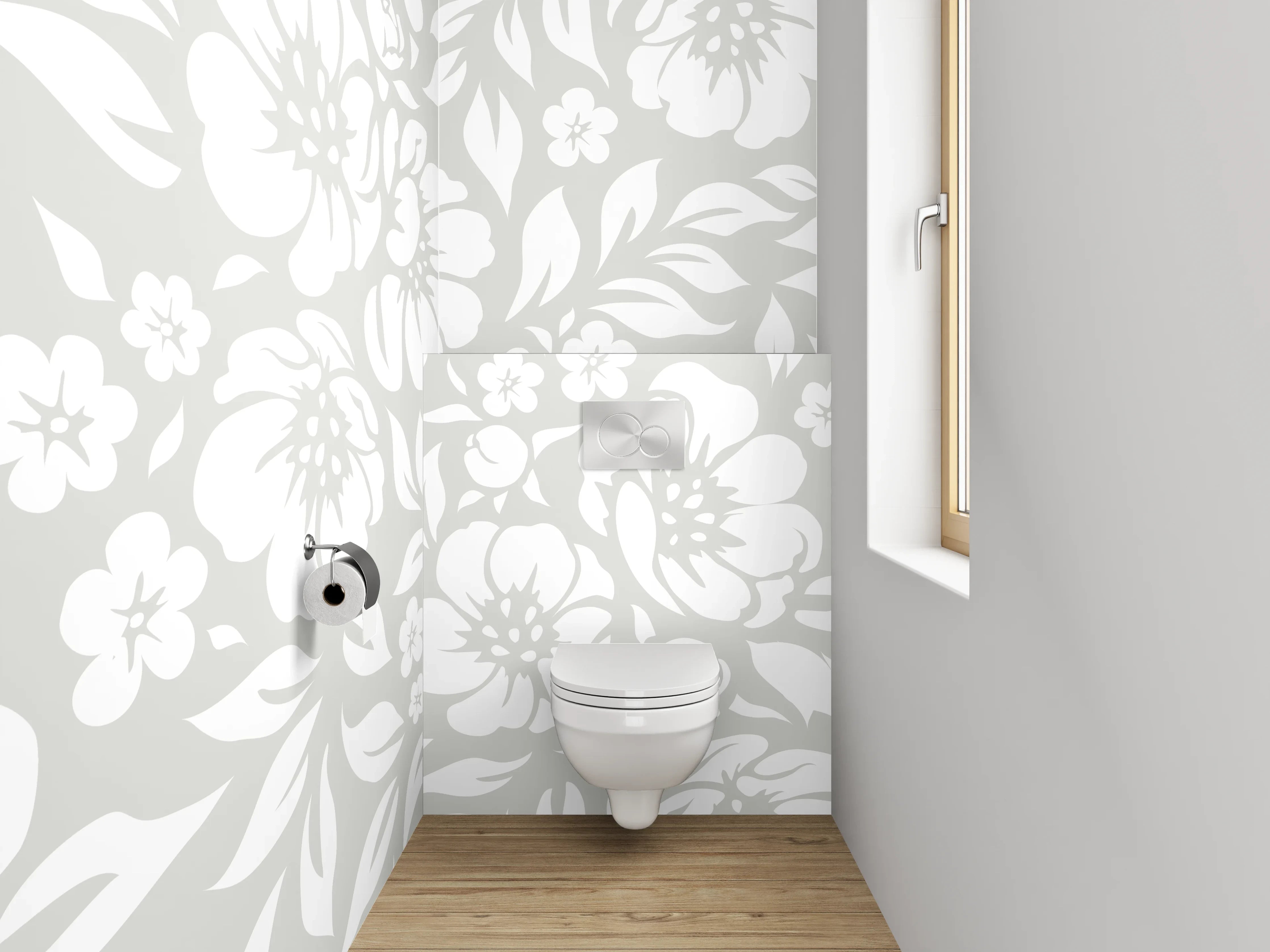 WC-Rückwand - Weiße Blumen auf hellgrauem Hintergrund