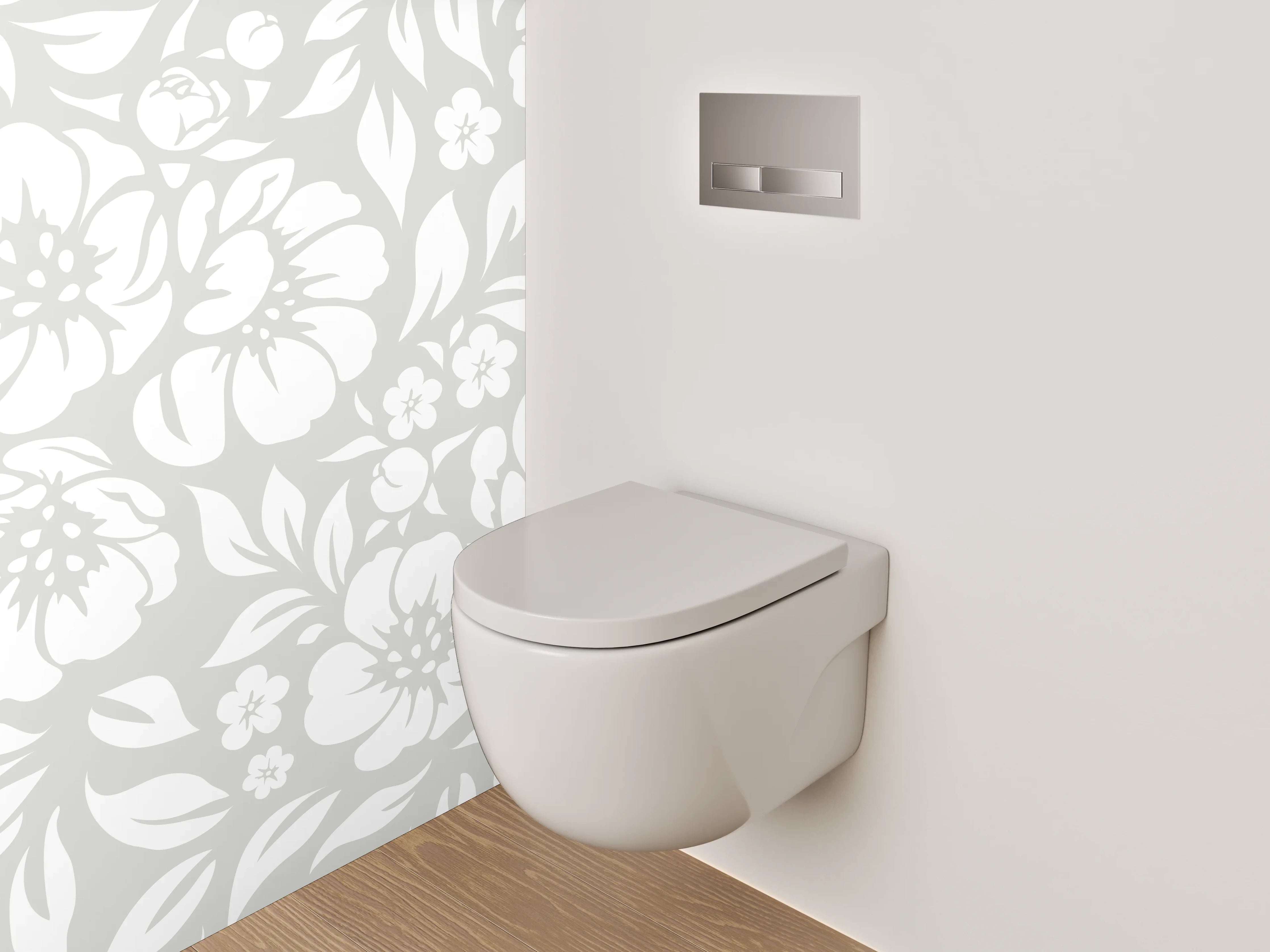 WC-Rückwand - Weiße Blumen auf hellgrauem Hintergrund