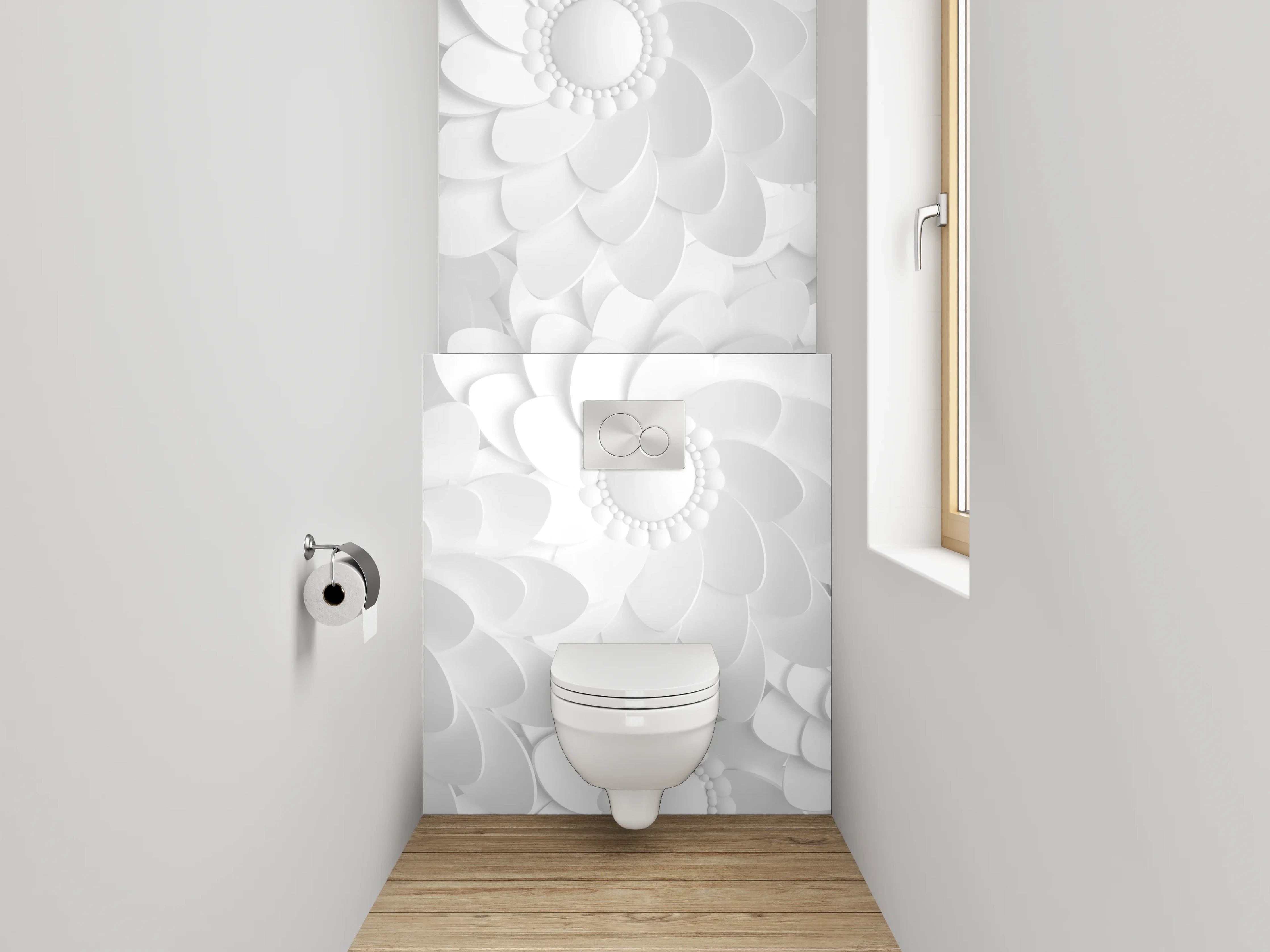 WC-Rückwand - Weiße Blumendekoration mit 3D-Effekt
