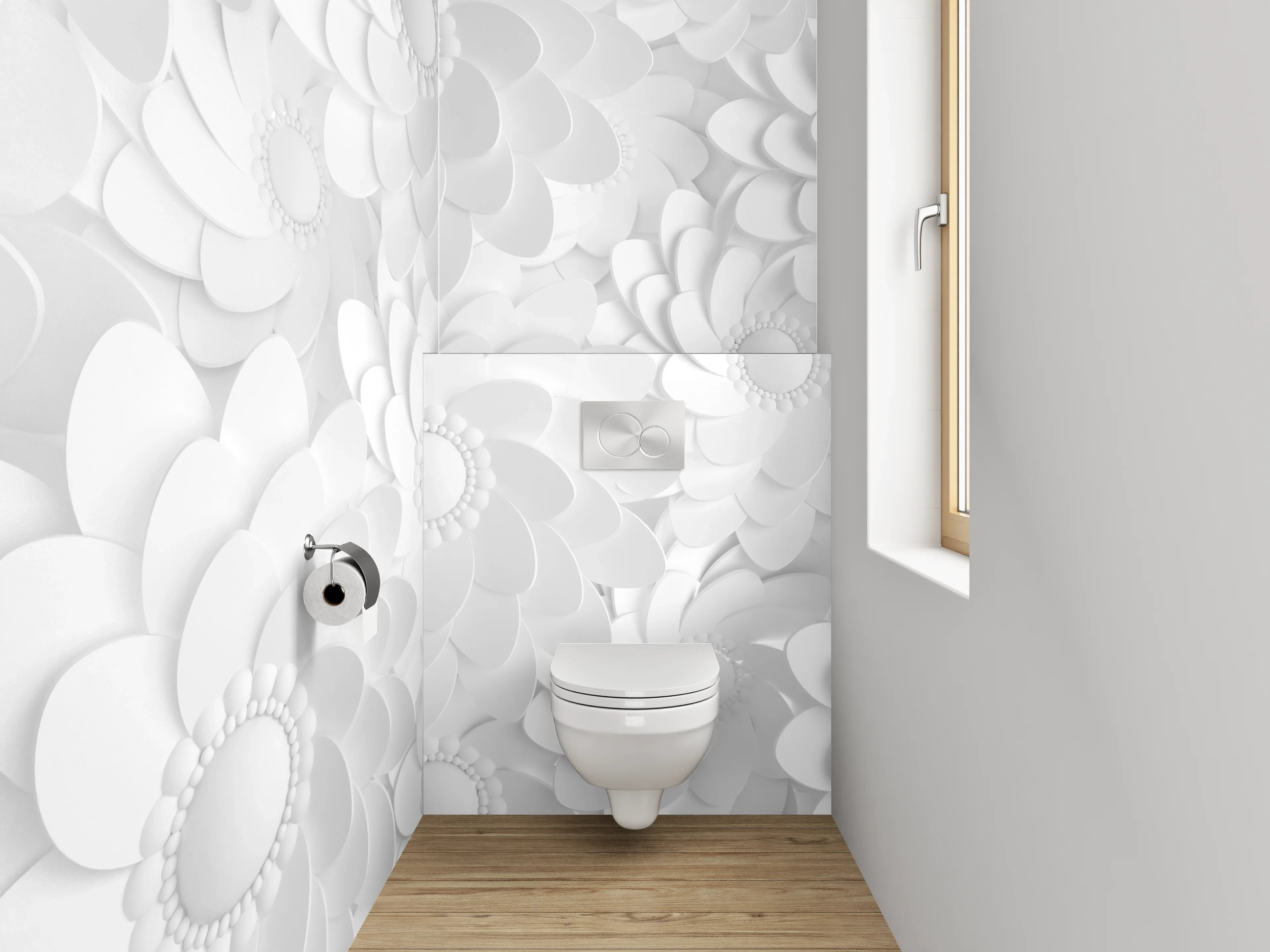 WC-Rückwand - Weiße Blumendekoration mit 3D-Effekt