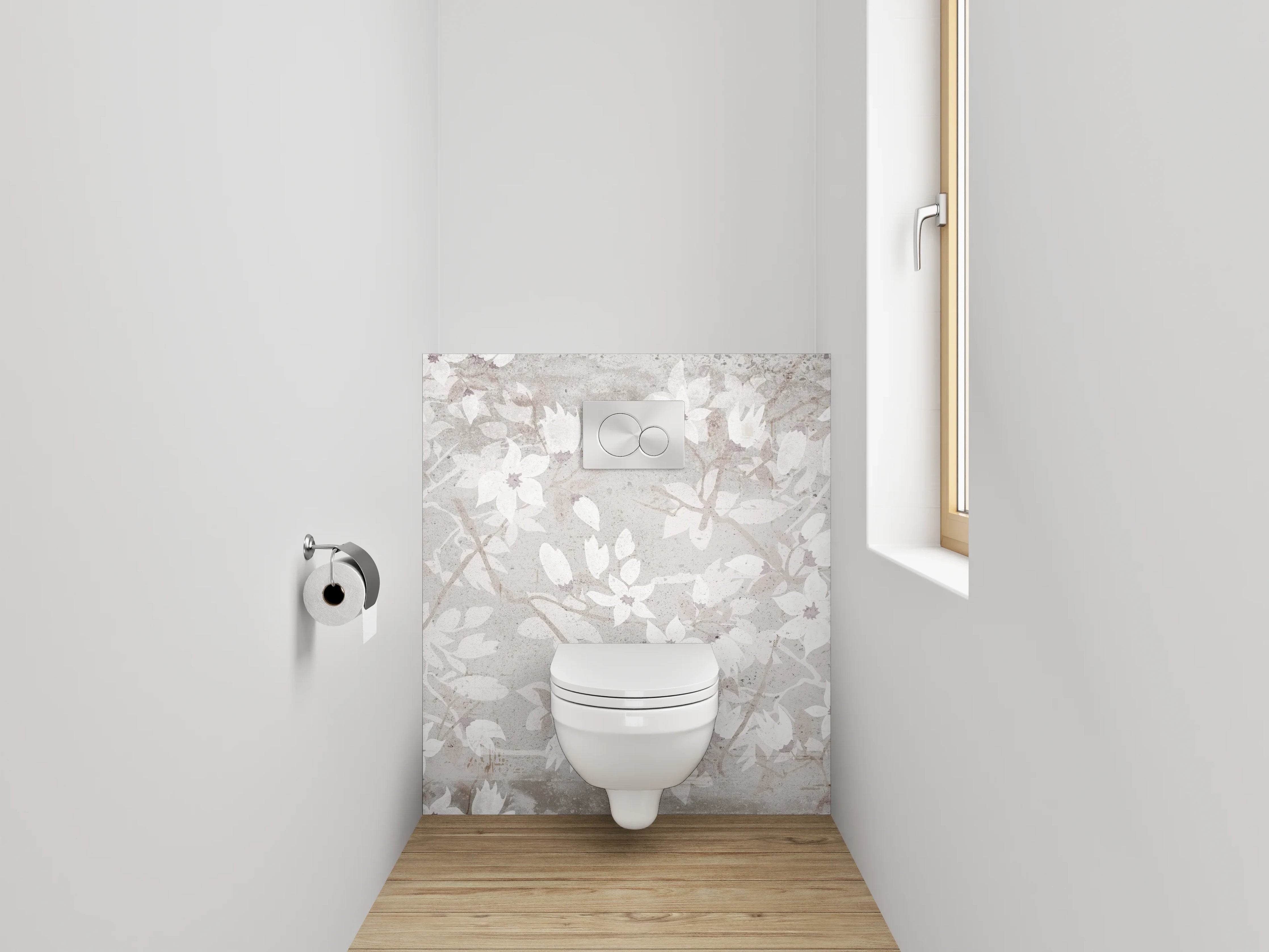 WC-Rückwand - Weiße Blumenmuster auf beige Hintergrund