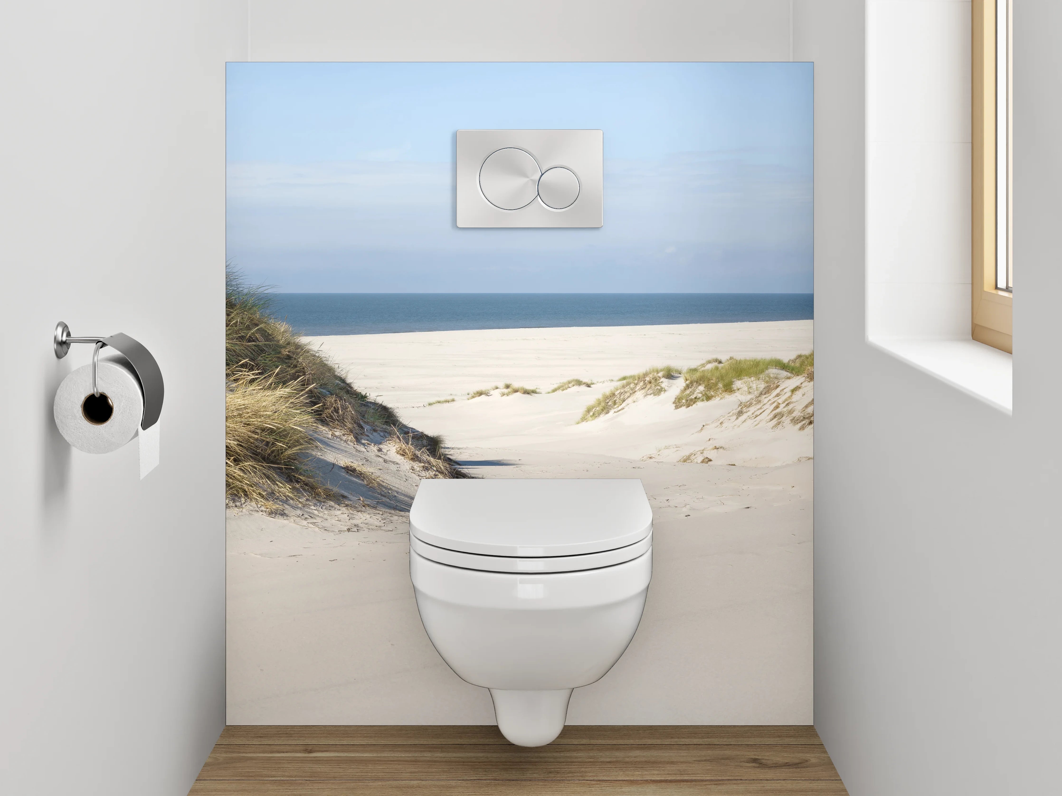 WC-Rückwand - Weiße Dünenlandschaft mit Meeresblick