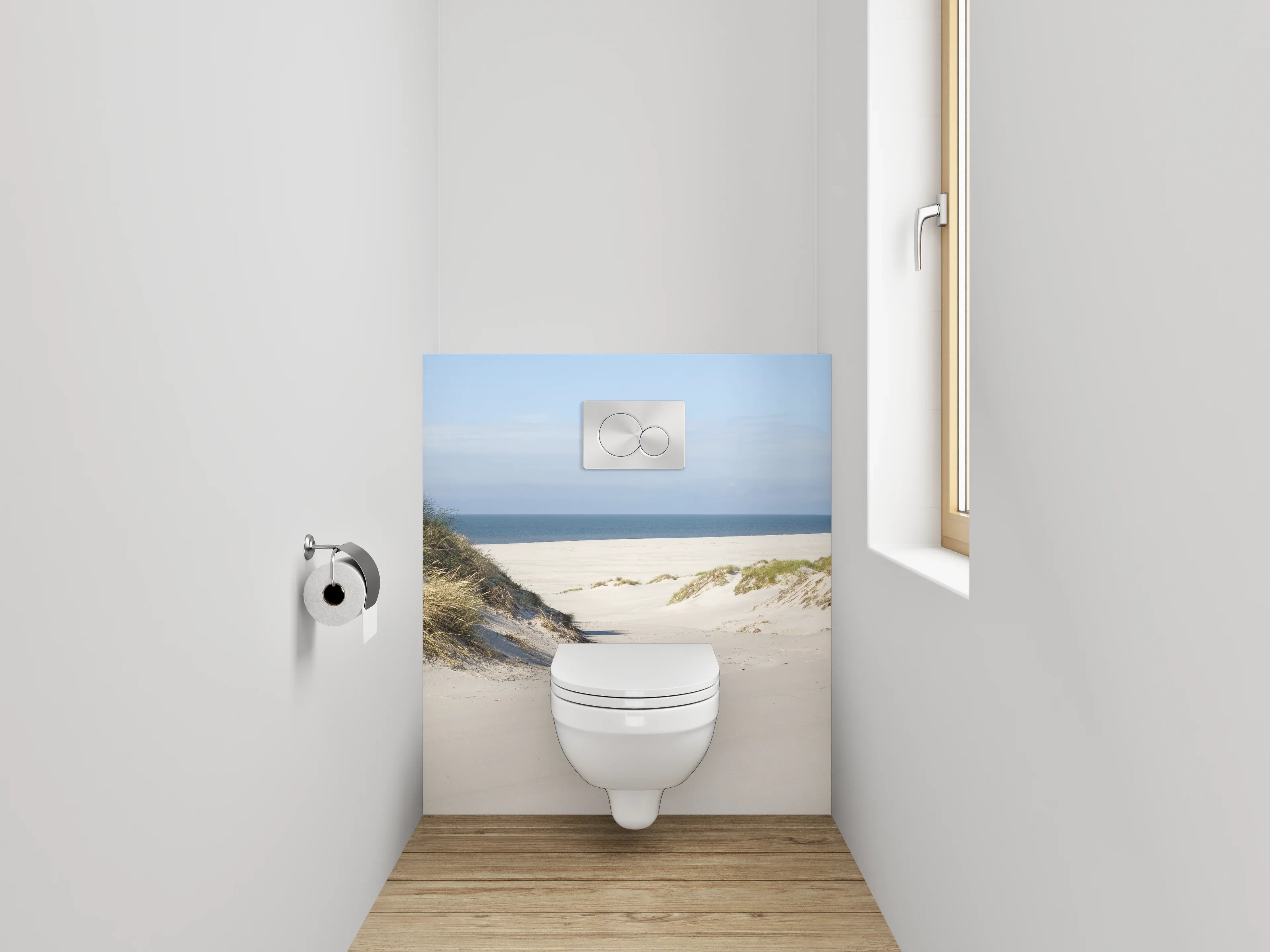 WC-Rückwand - Weiße Dünenlandschaft mit Meeresblick