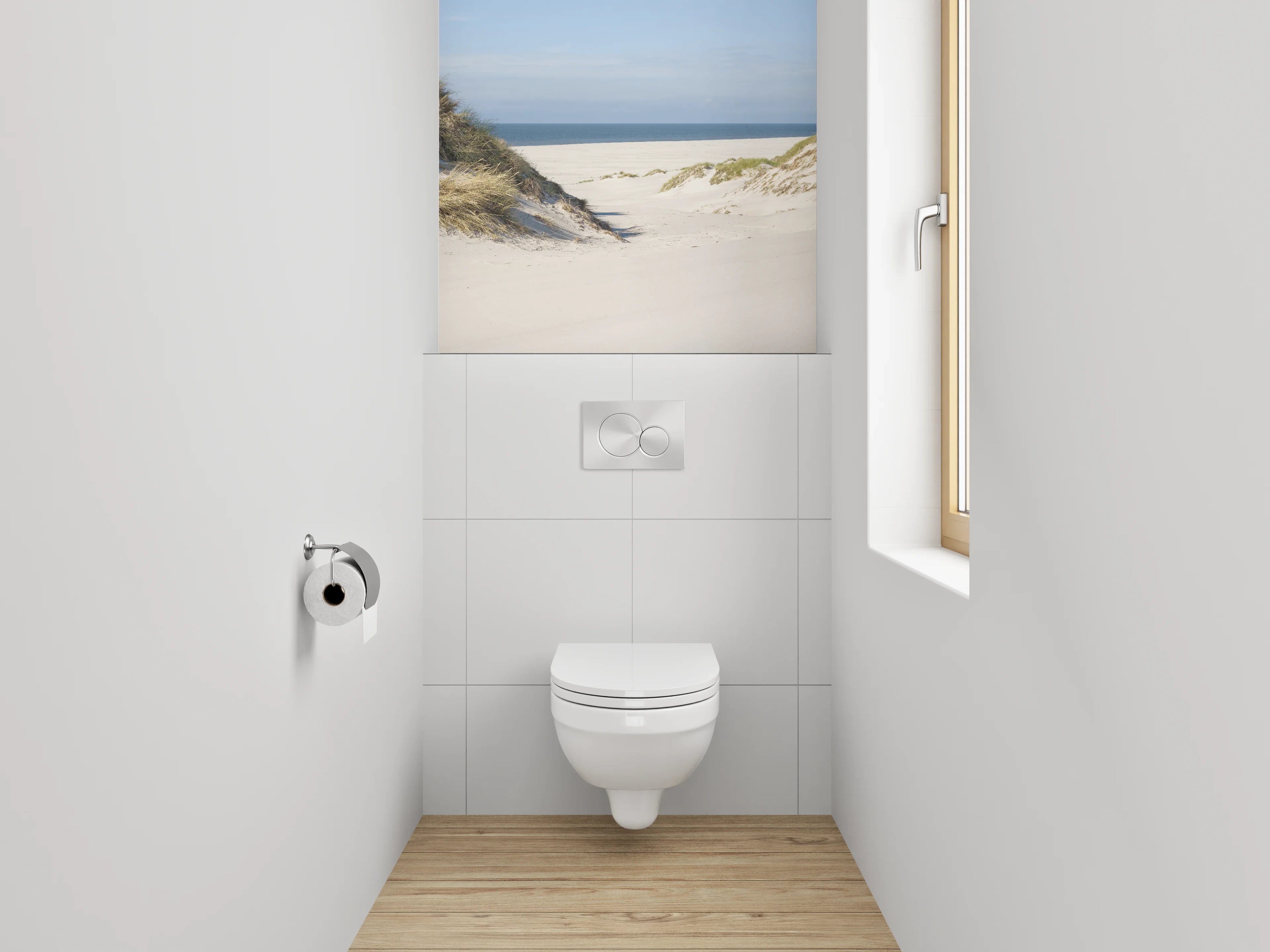 WC-Rückwand - Weiße Dünenlandschaft mit Meeresblick