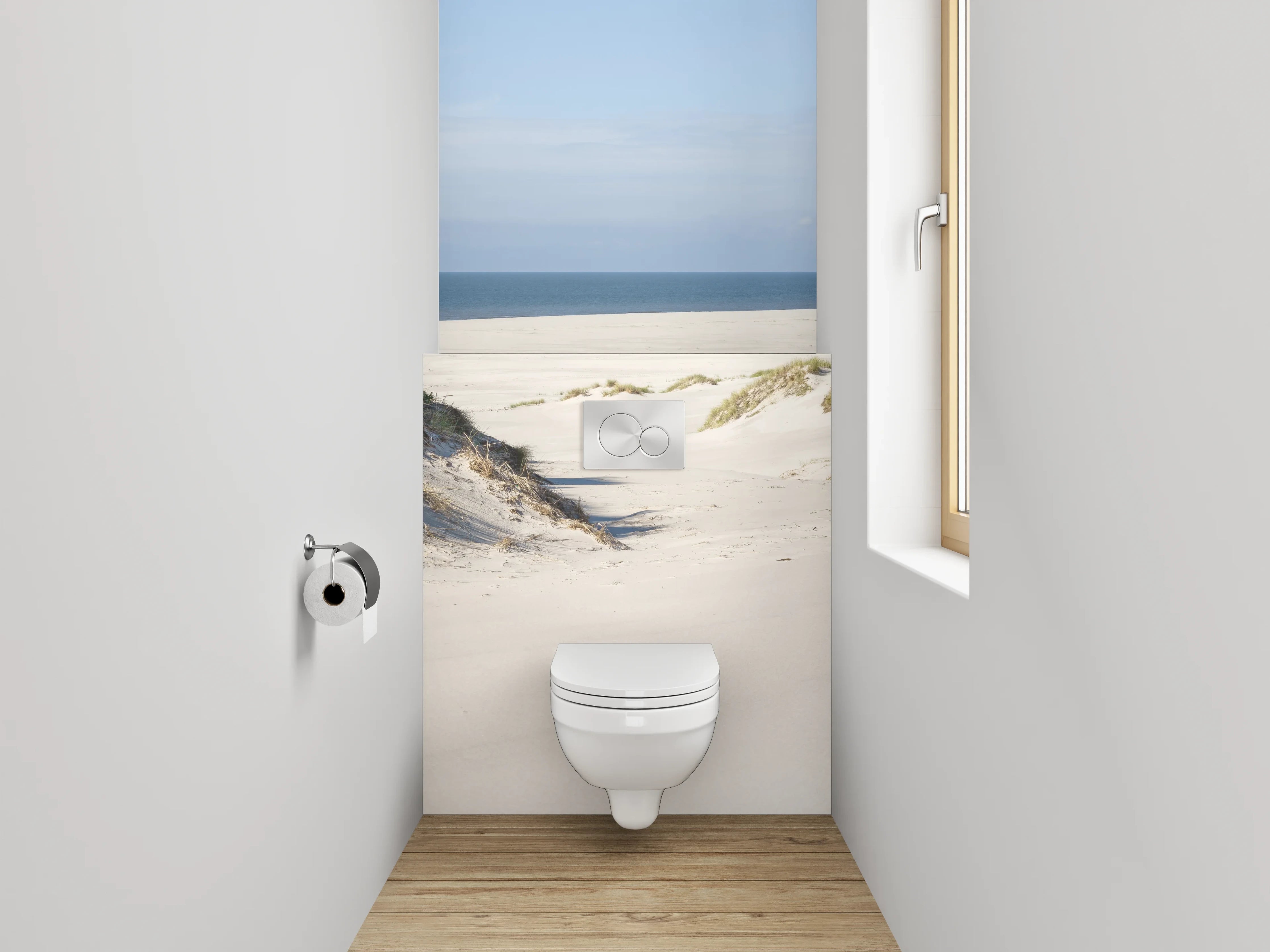 WC-Rückwand - Weiße Dünenlandschaft mit Meeresblick