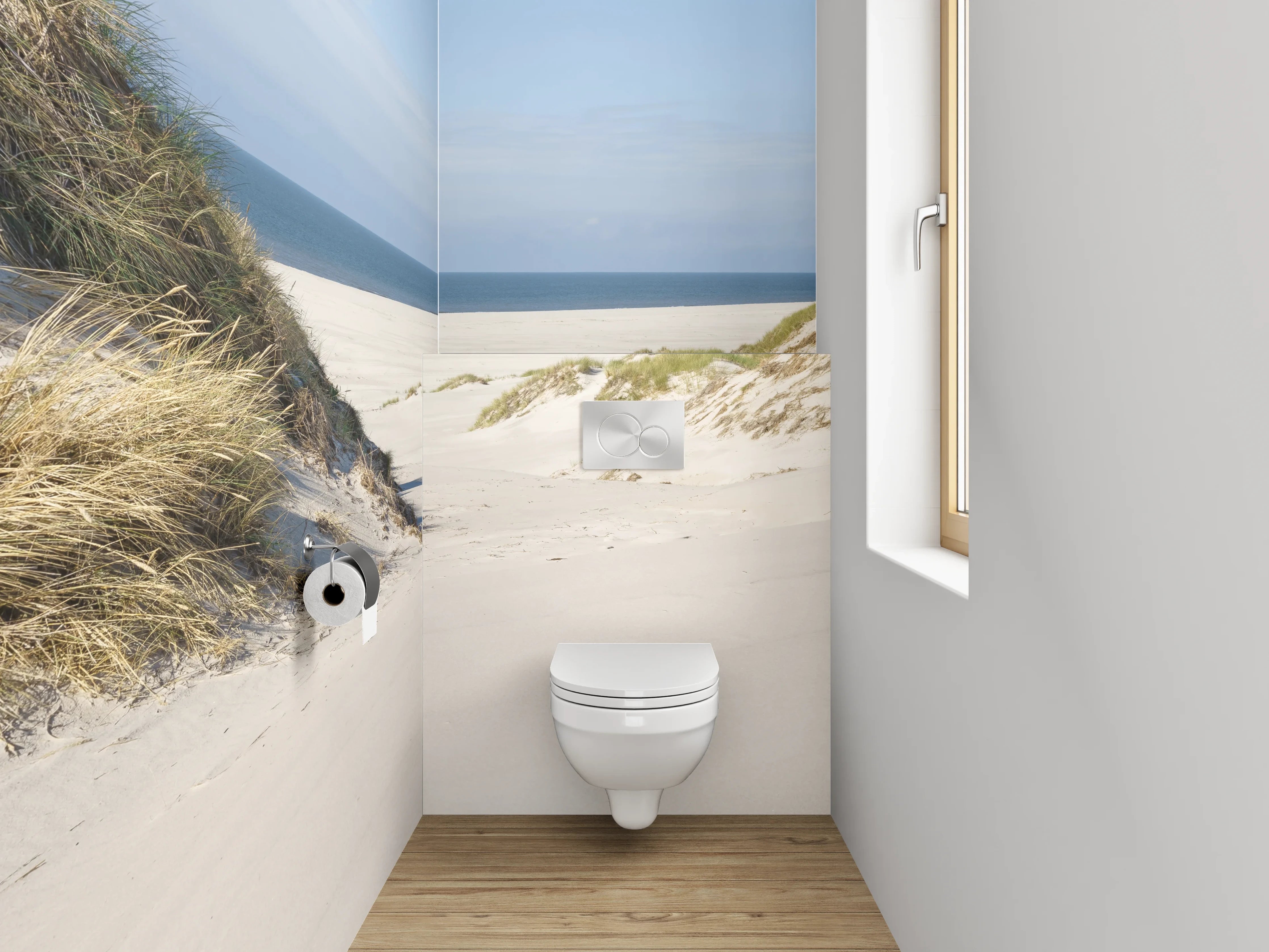 WC-Rückwand - Weiße Dünenlandschaft mit Meeresblick
