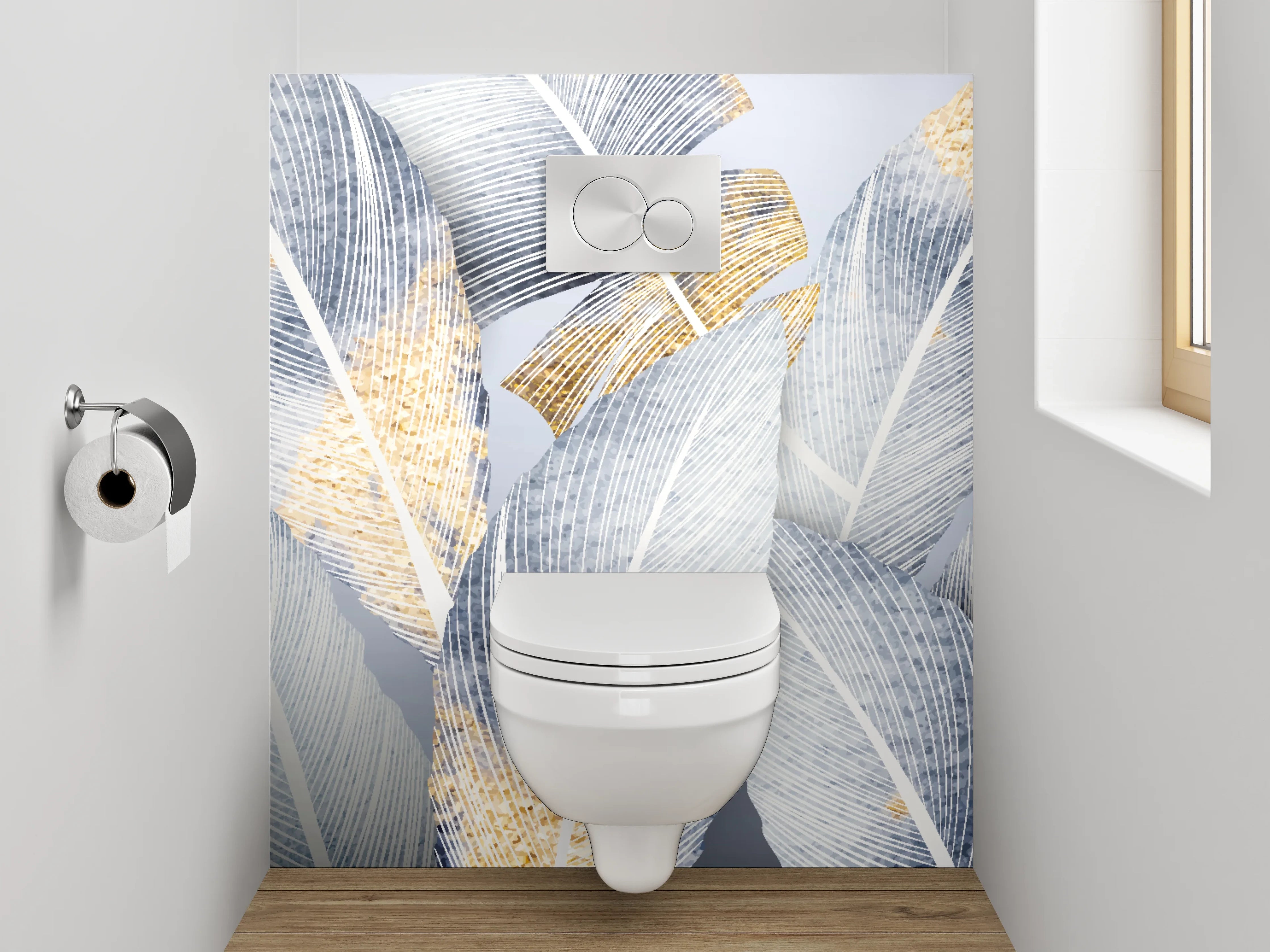 WC-Rückwand - Weiße Federn mit Goldakzenten