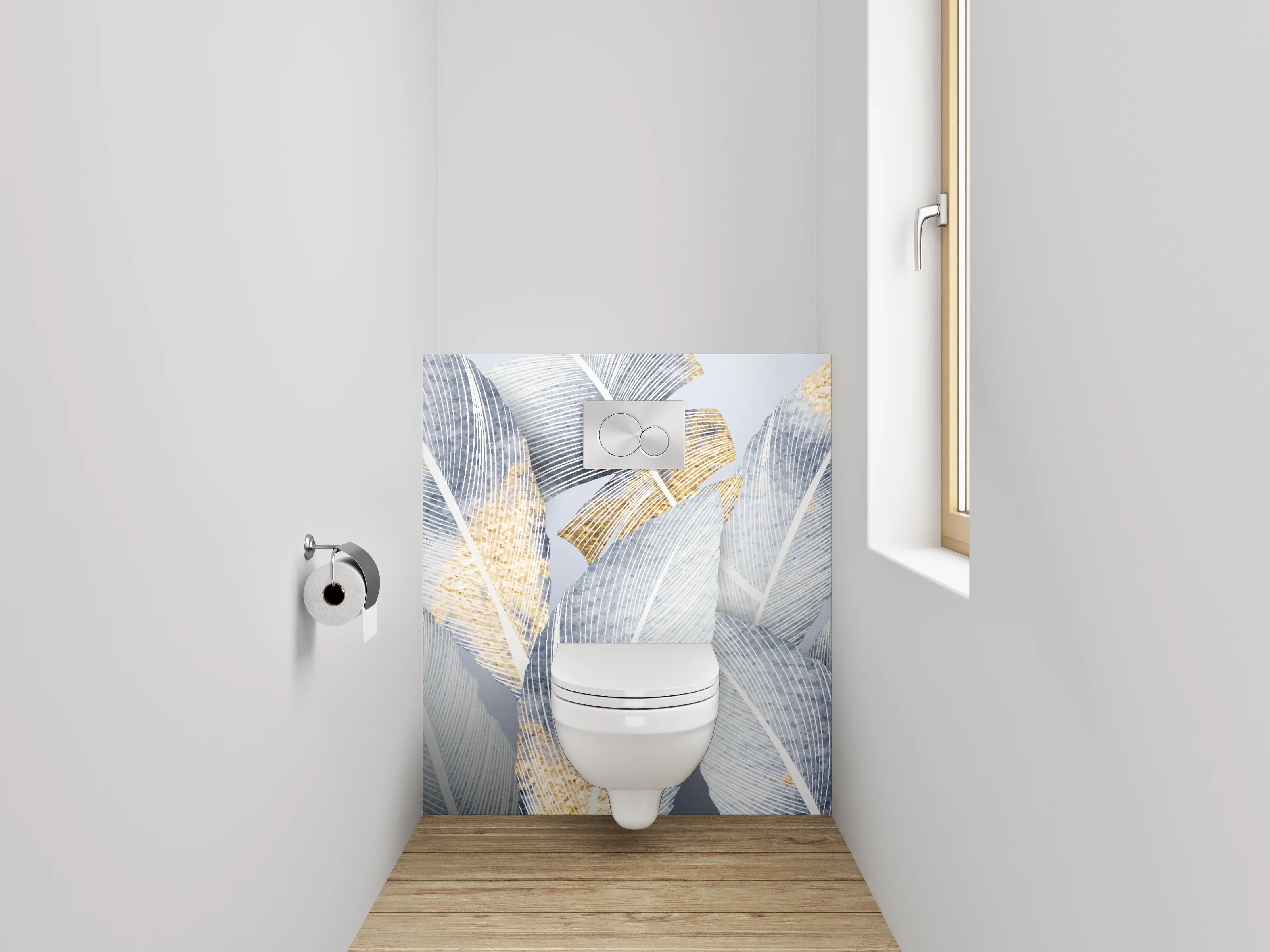 WC-Rückwand - Weiße Federn mit Goldakzenten