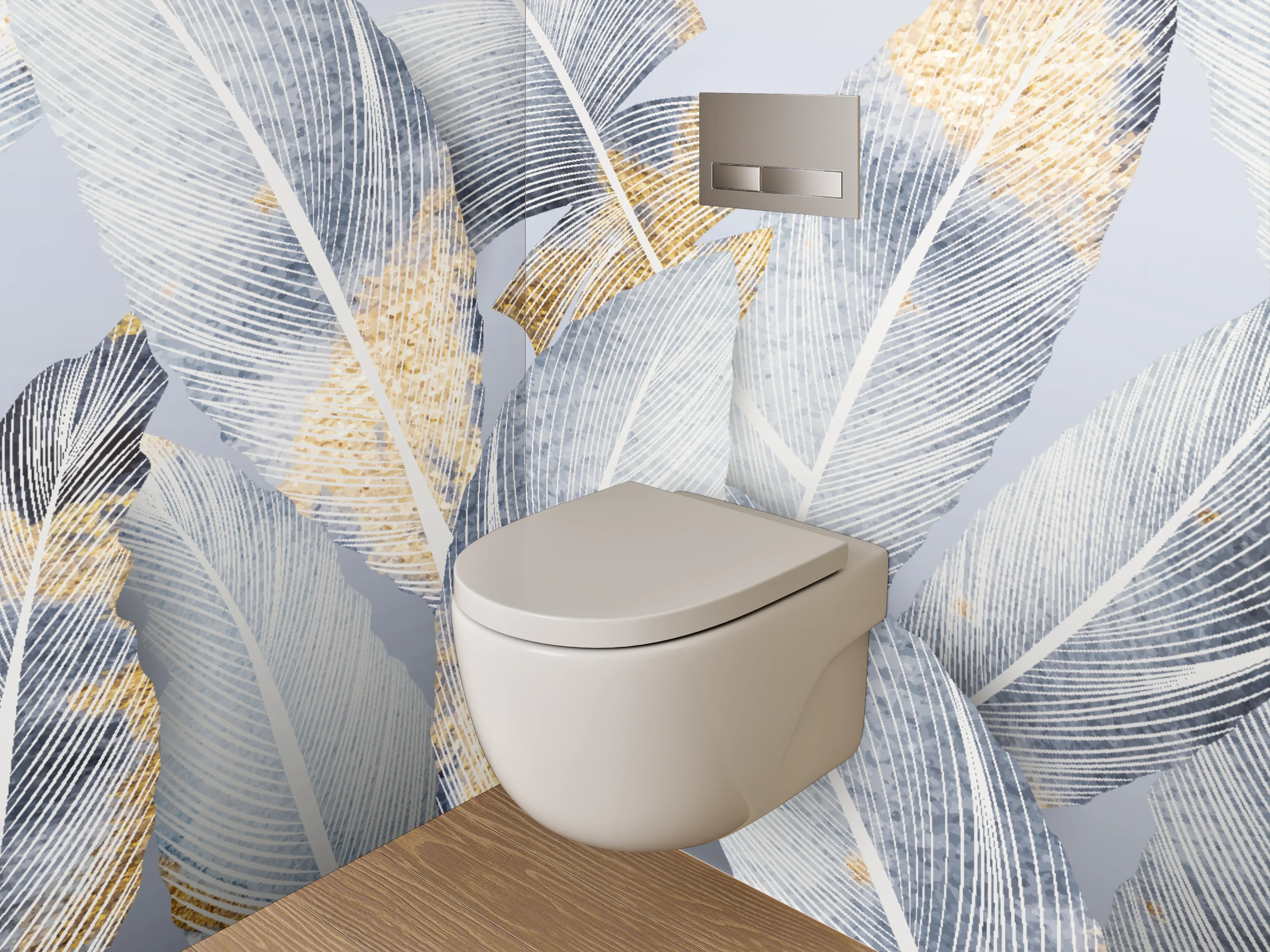 WC-Rückwand - Weiße Federn mit Goldakzenten