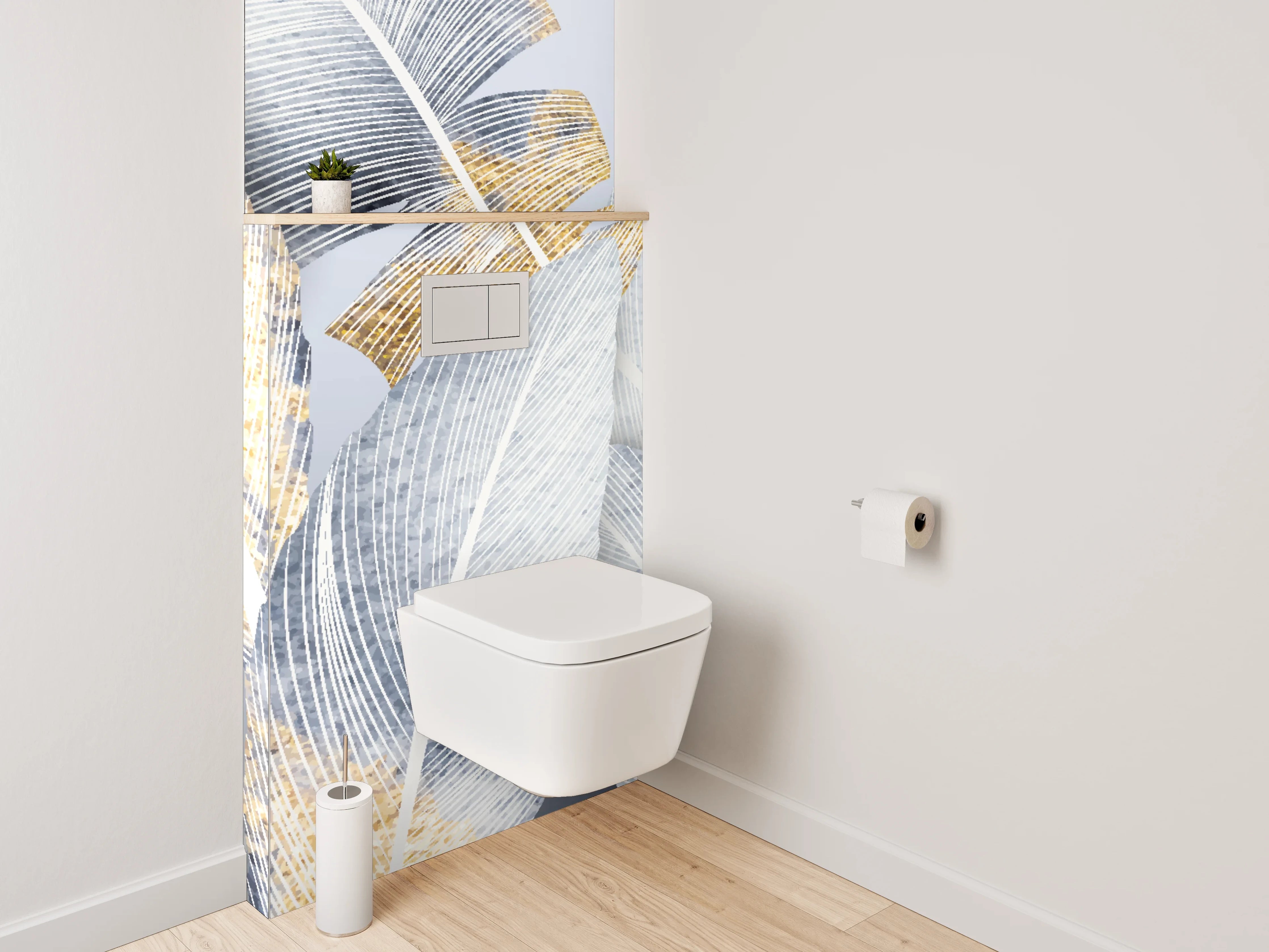 WC-Rückwand - Weiße Federn mit Goldakzenten