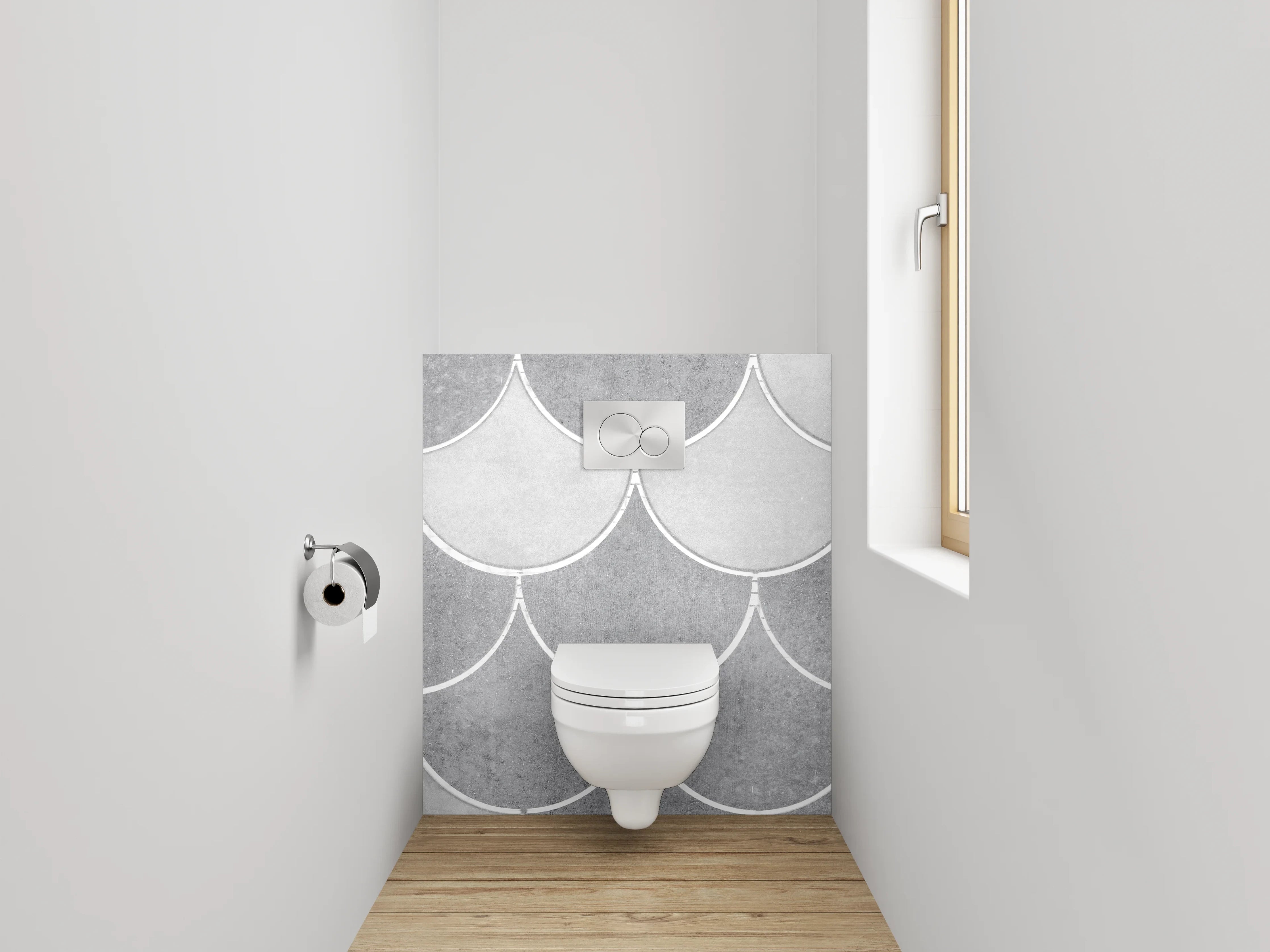 WC-Rückwand - Weiße Fischschuppen Fliesenoptik Grau