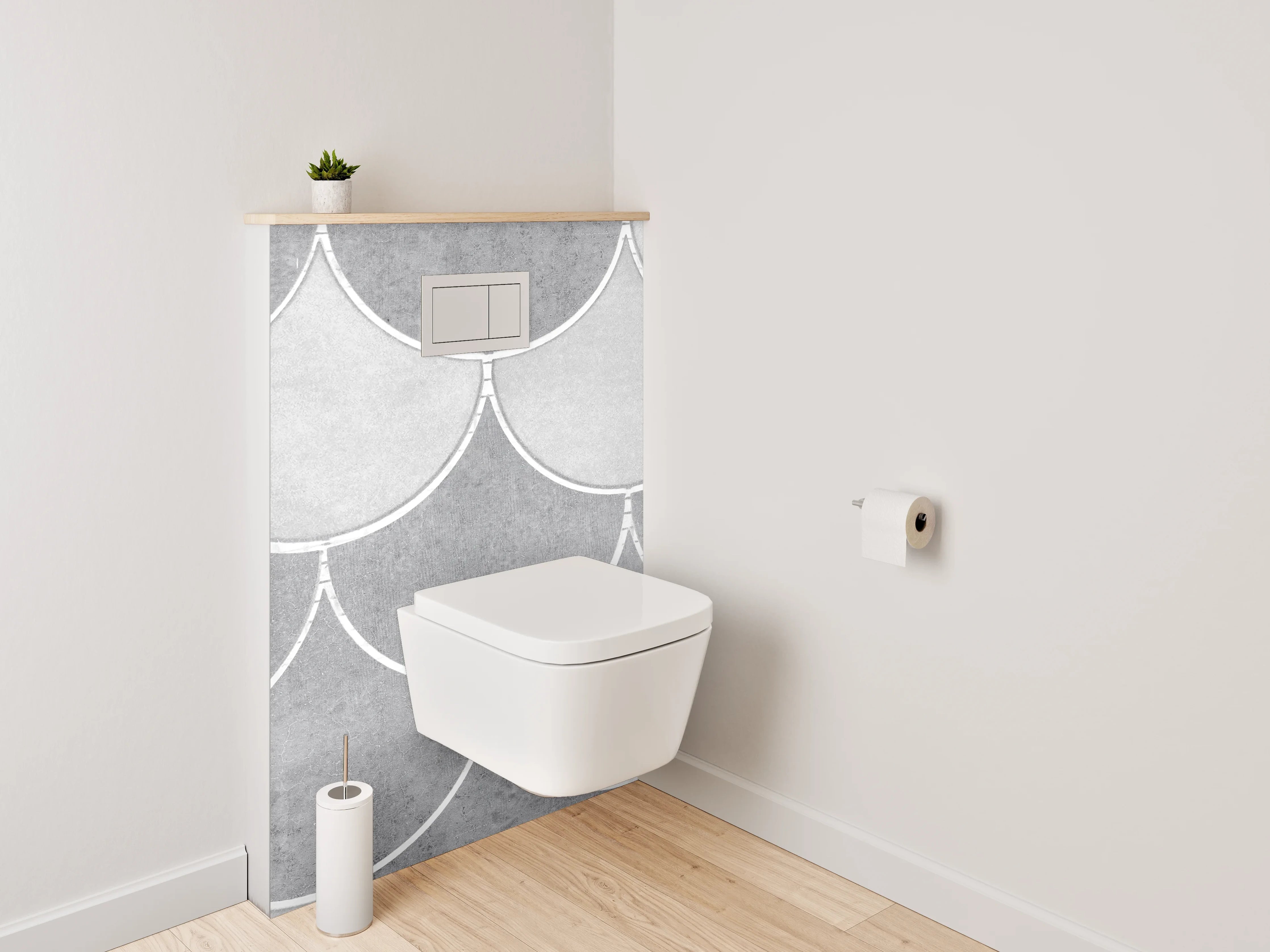 WC-Rückwand - Weiße Fischschuppen Fliesenoptik Grau