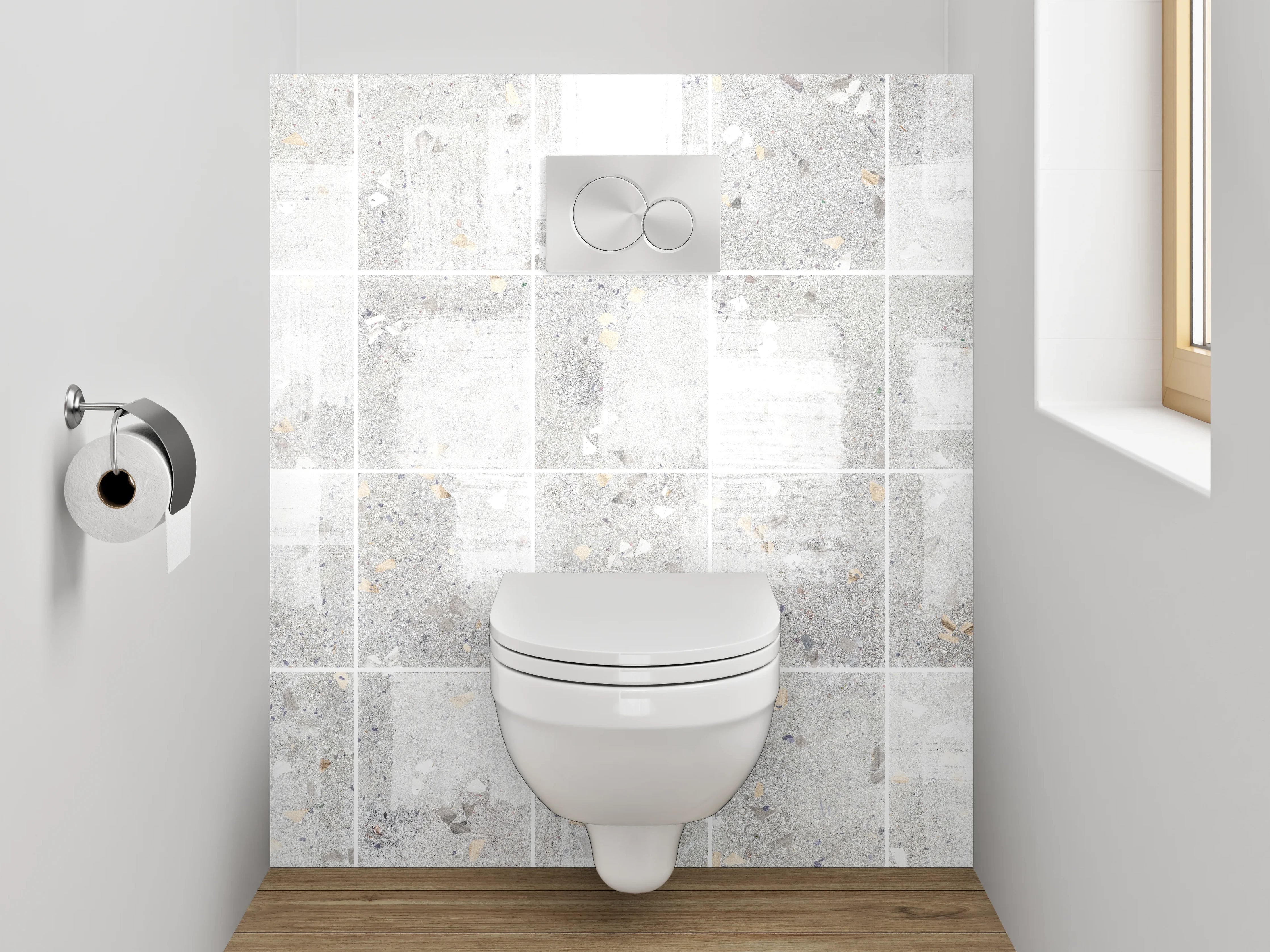 WC-Rückwand - Weiße Fliesen in moderner Betonoptik