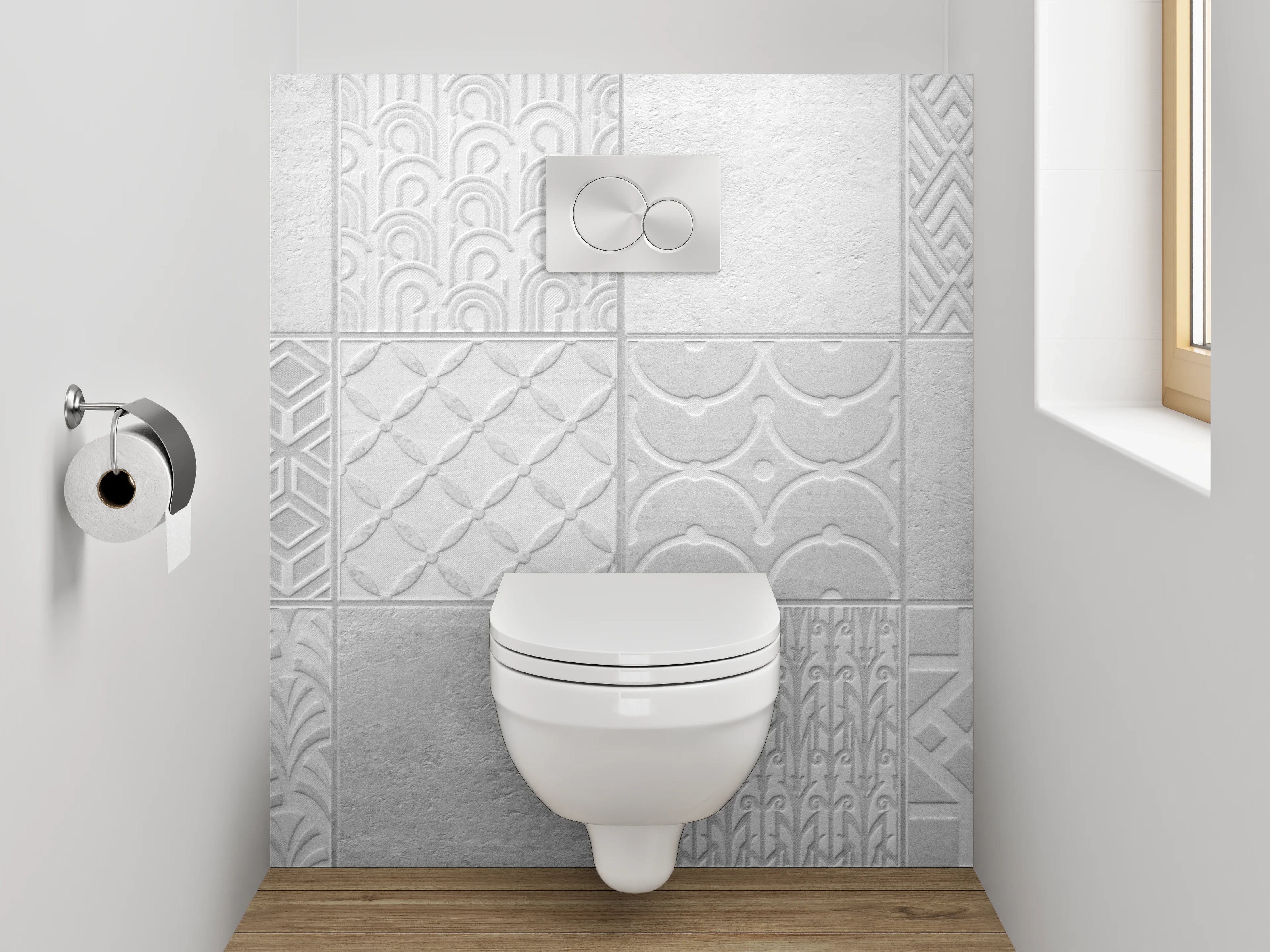 WC-Rückwand - Weiße Fliesen mit geometrischem Muster
