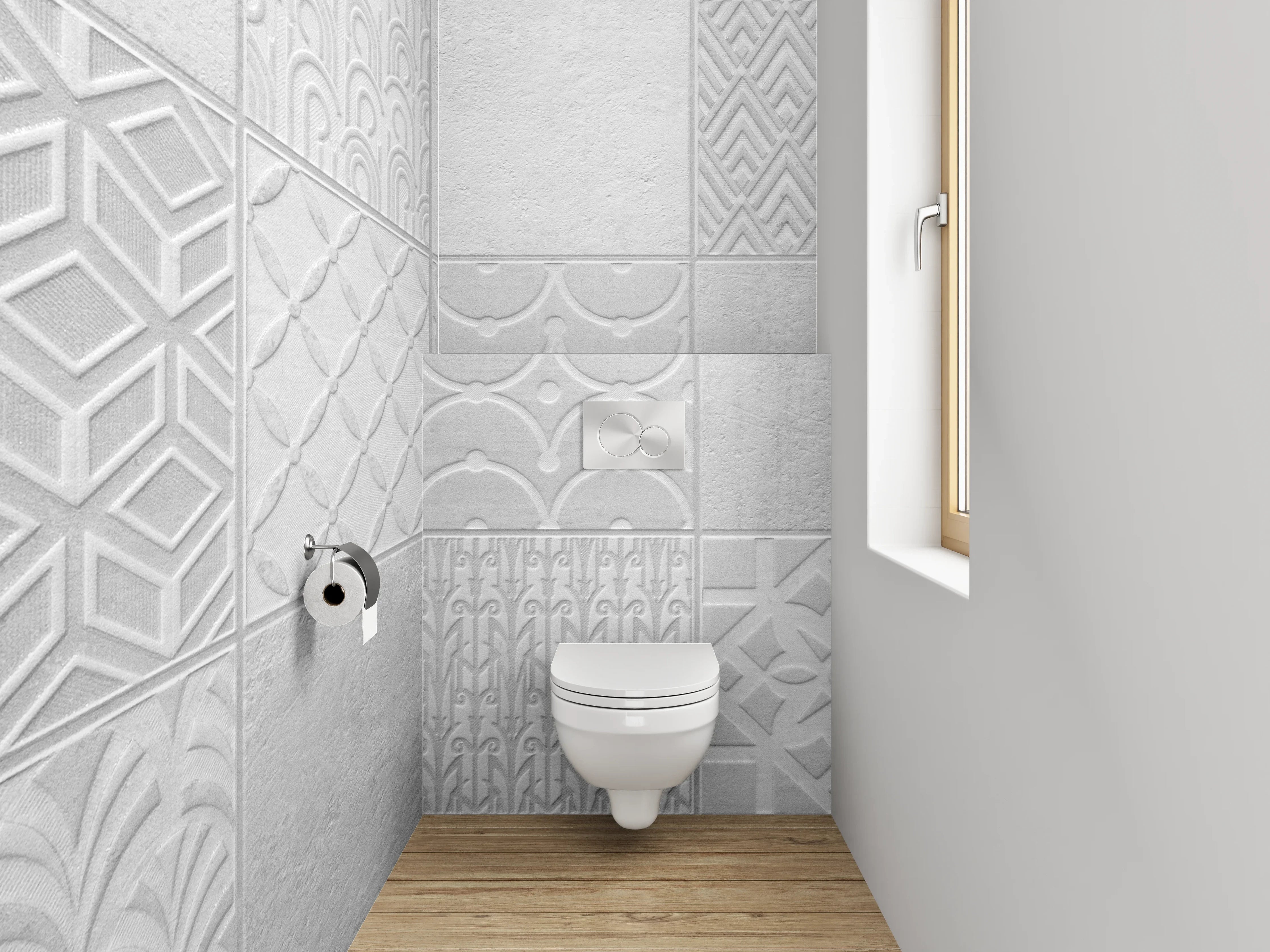 WC-Rückwand - Weiße Fliesen mit geometrischem Muster