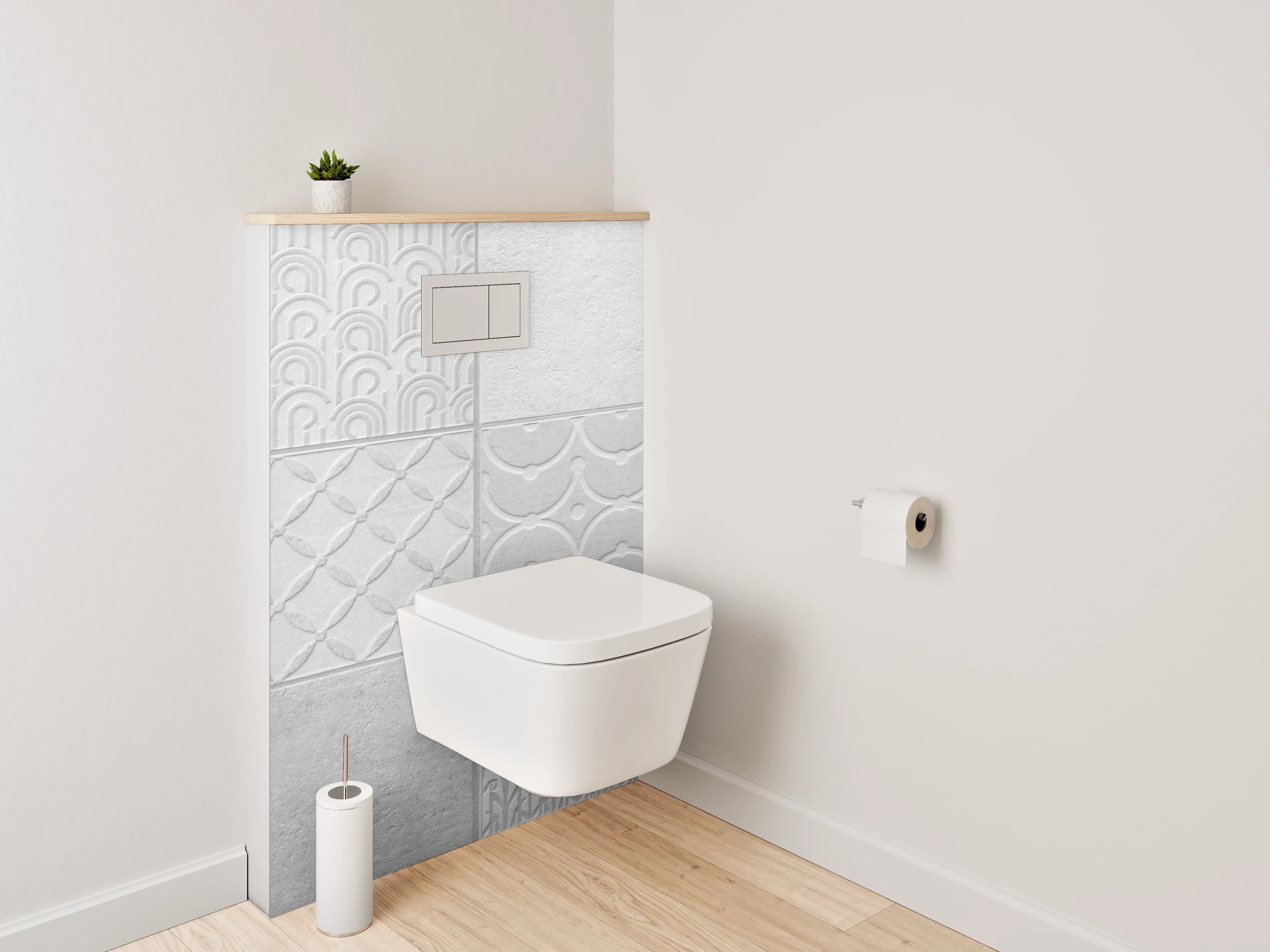 WC-Rückwand - Weiße Fliesen mit geometrischem Muster
