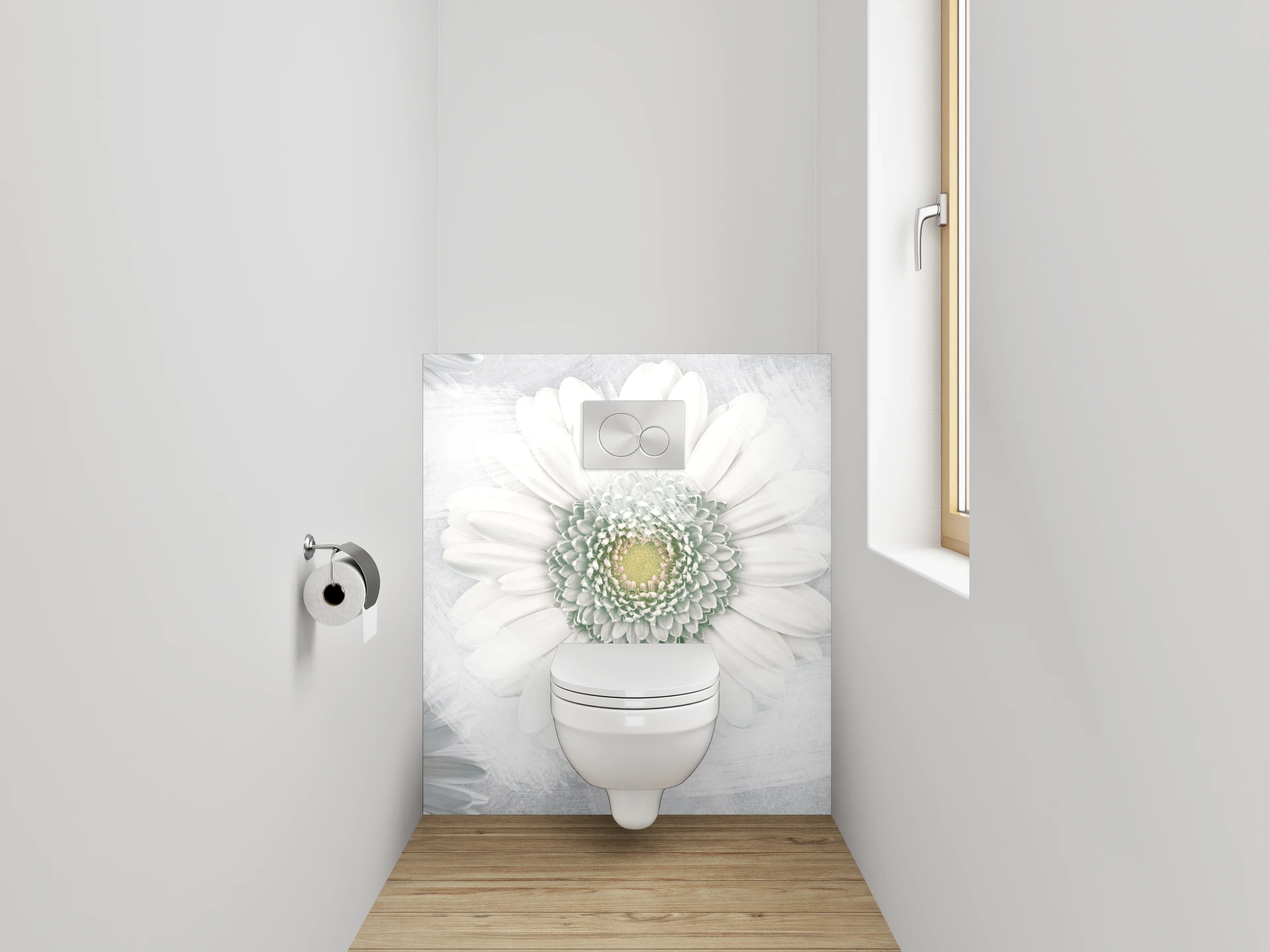 WC-Rückwand - Weiße Gänseblümchen auf sanftem Grau