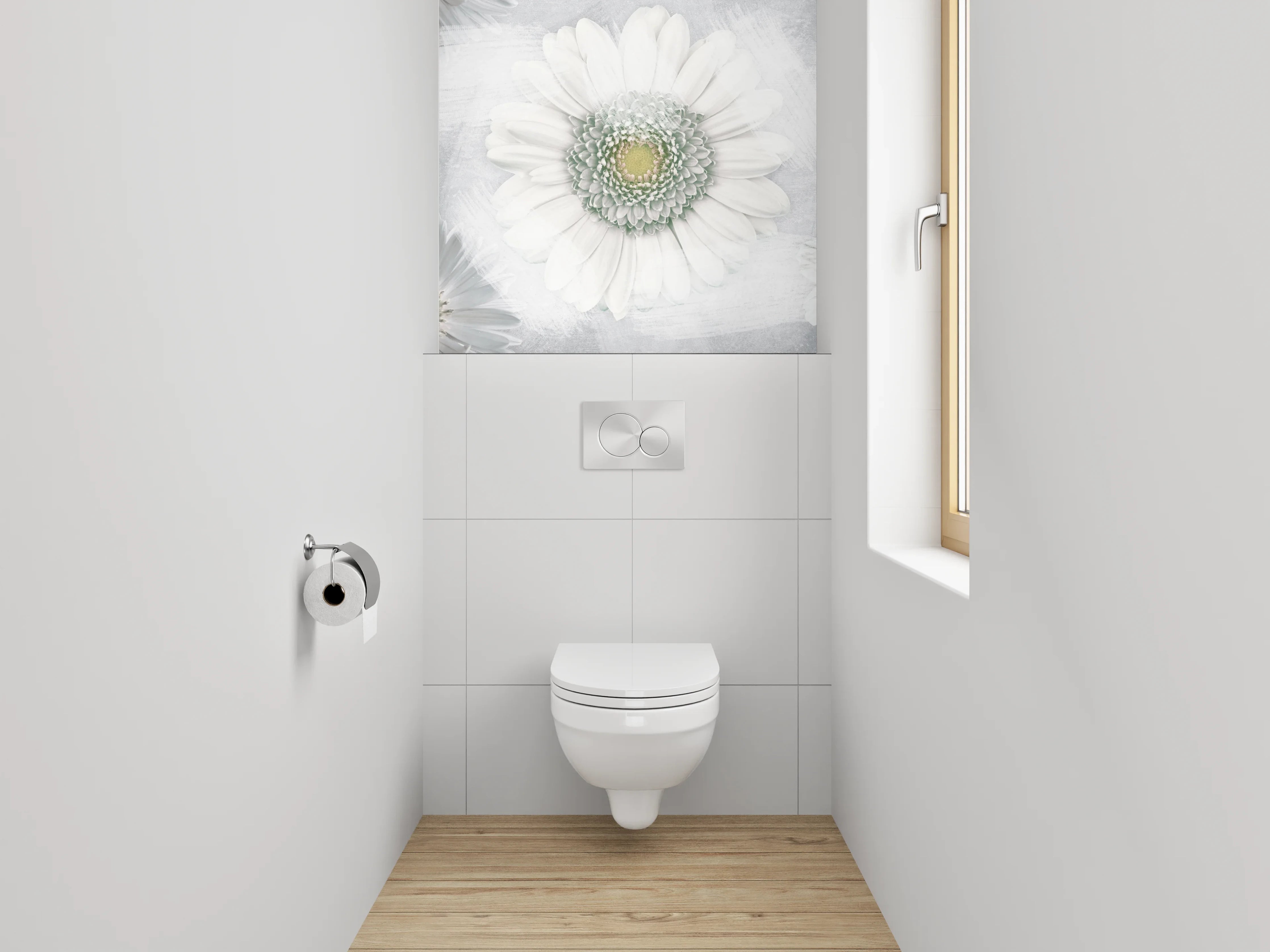 WC-Rückwand - Weiße Gänseblümchen auf sanftem Grau