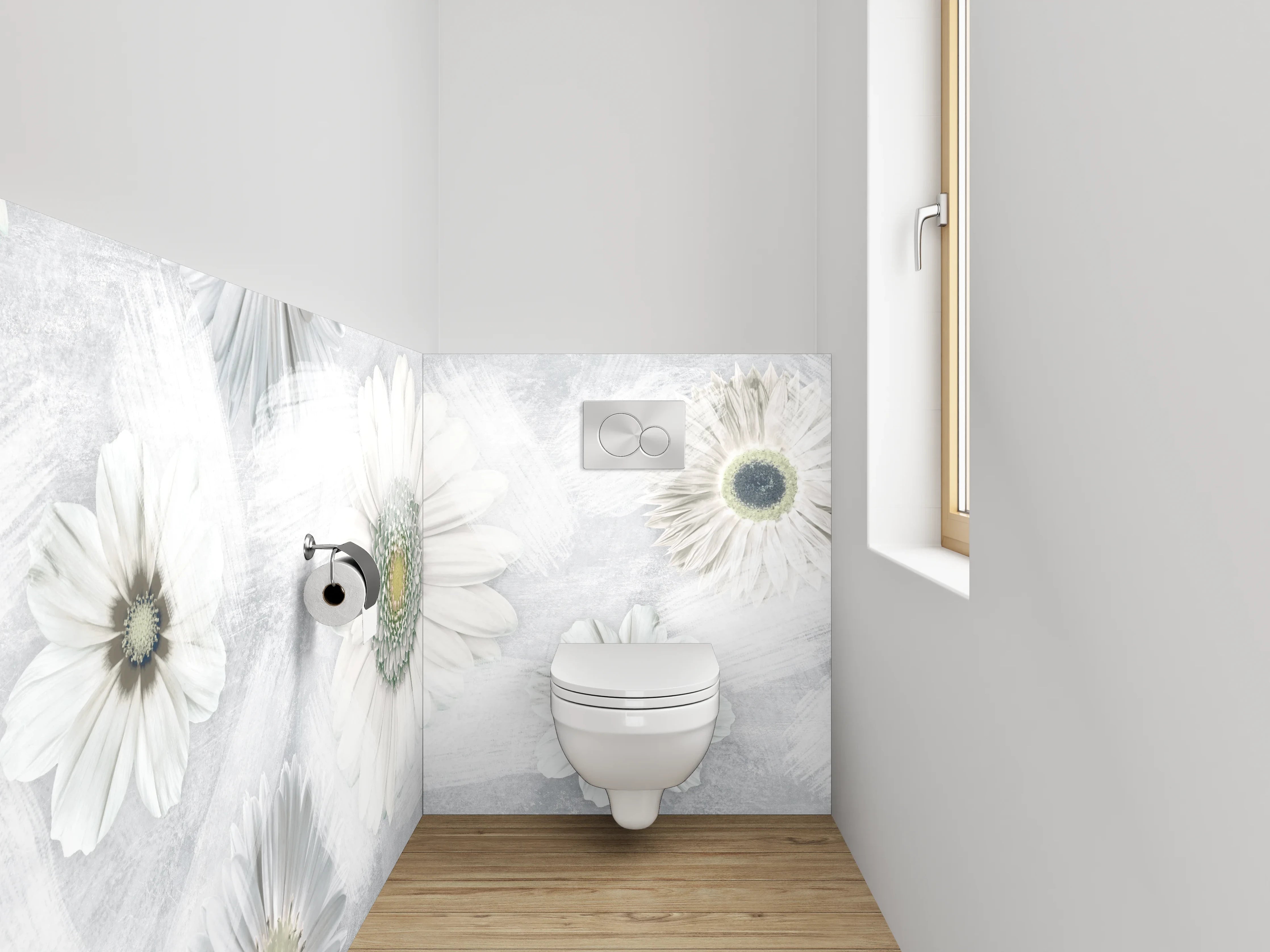 WC-Rückwand - Weiße Gänseblümchen auf sanftem Grau