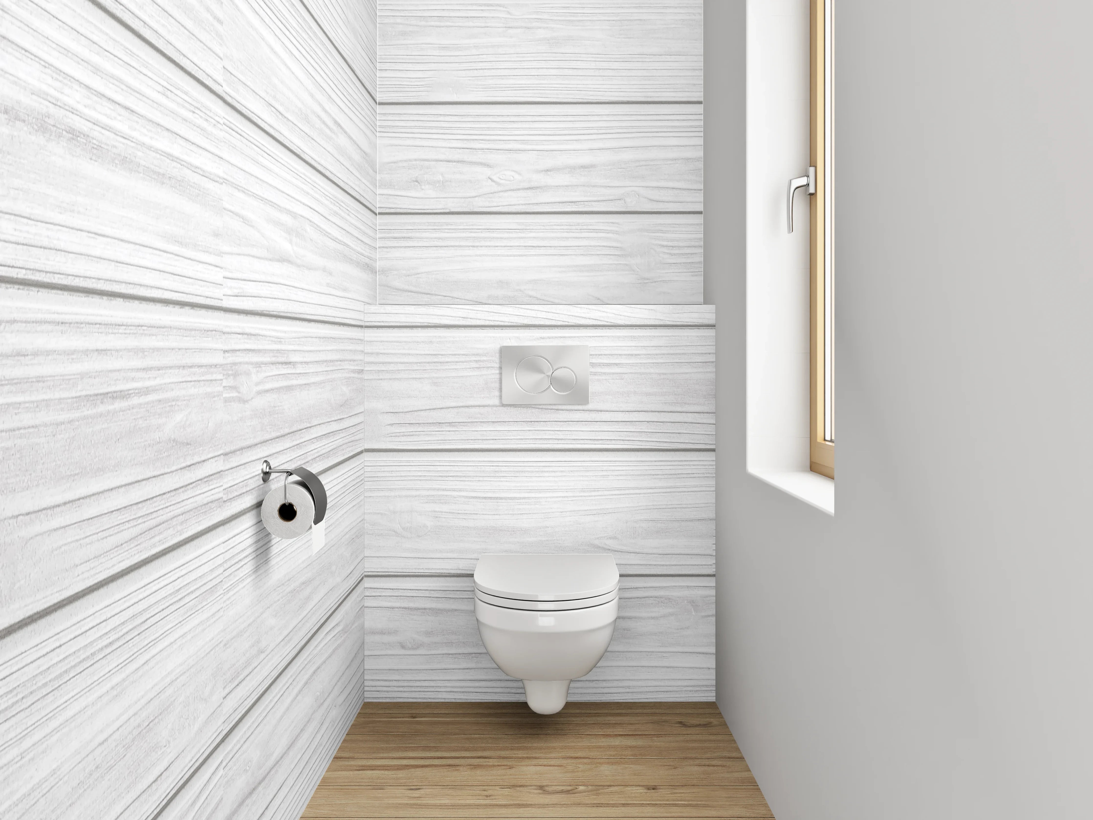 WC-Rückwand - Weiße Holzoptik Paneele modern