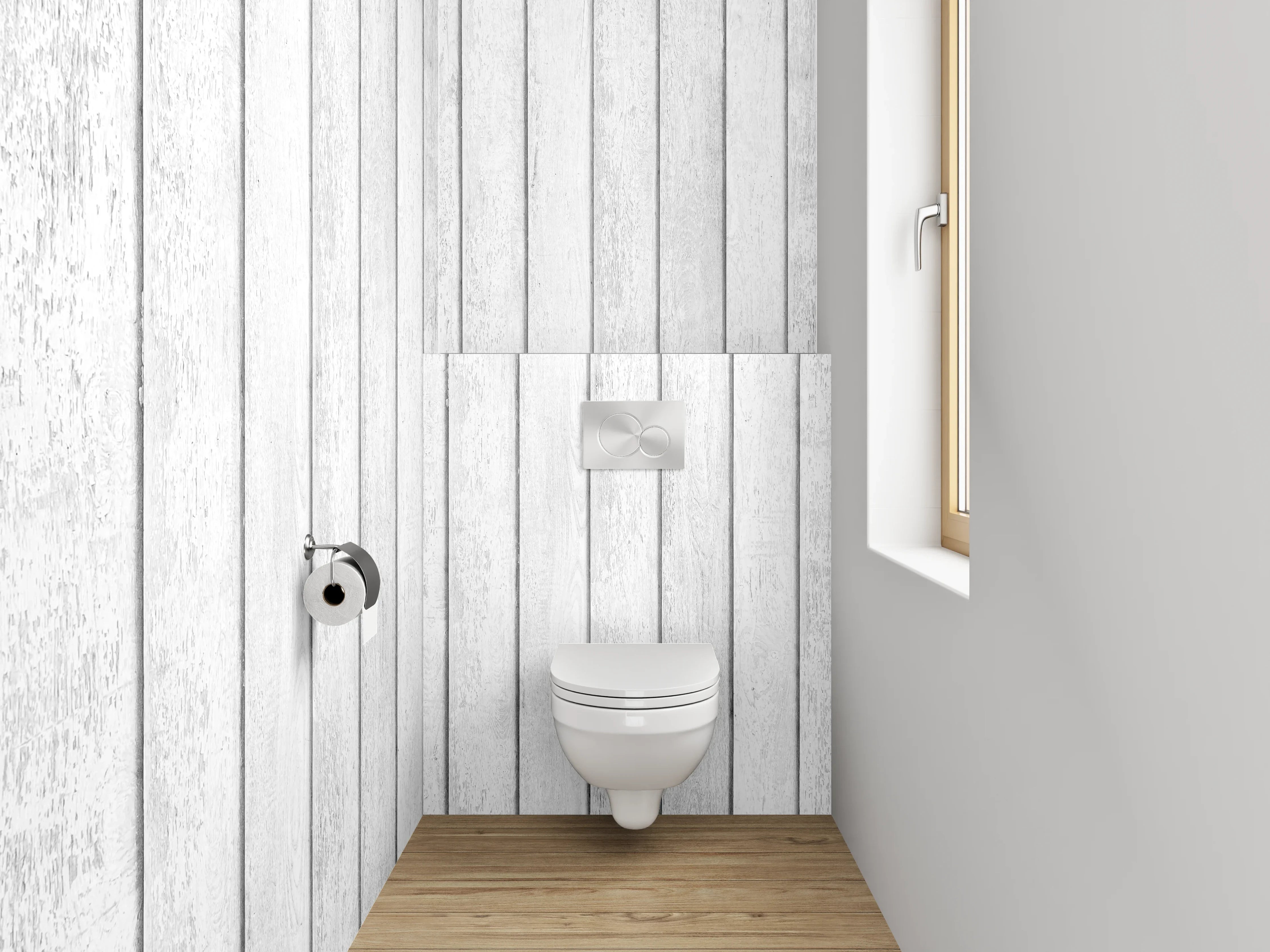 WC-Rückwand - Weiße Holzwand mit vertikalen Linien