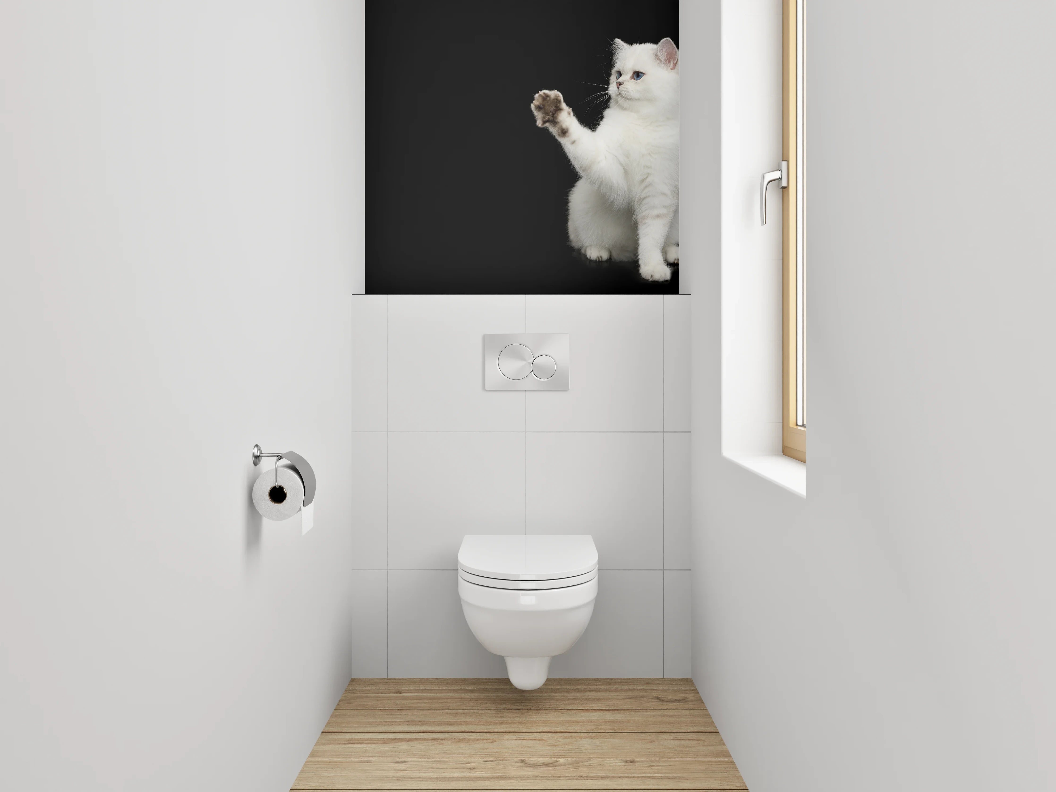 WC-Rückwand - Weiße Katze auf schwarzem Hintergrund