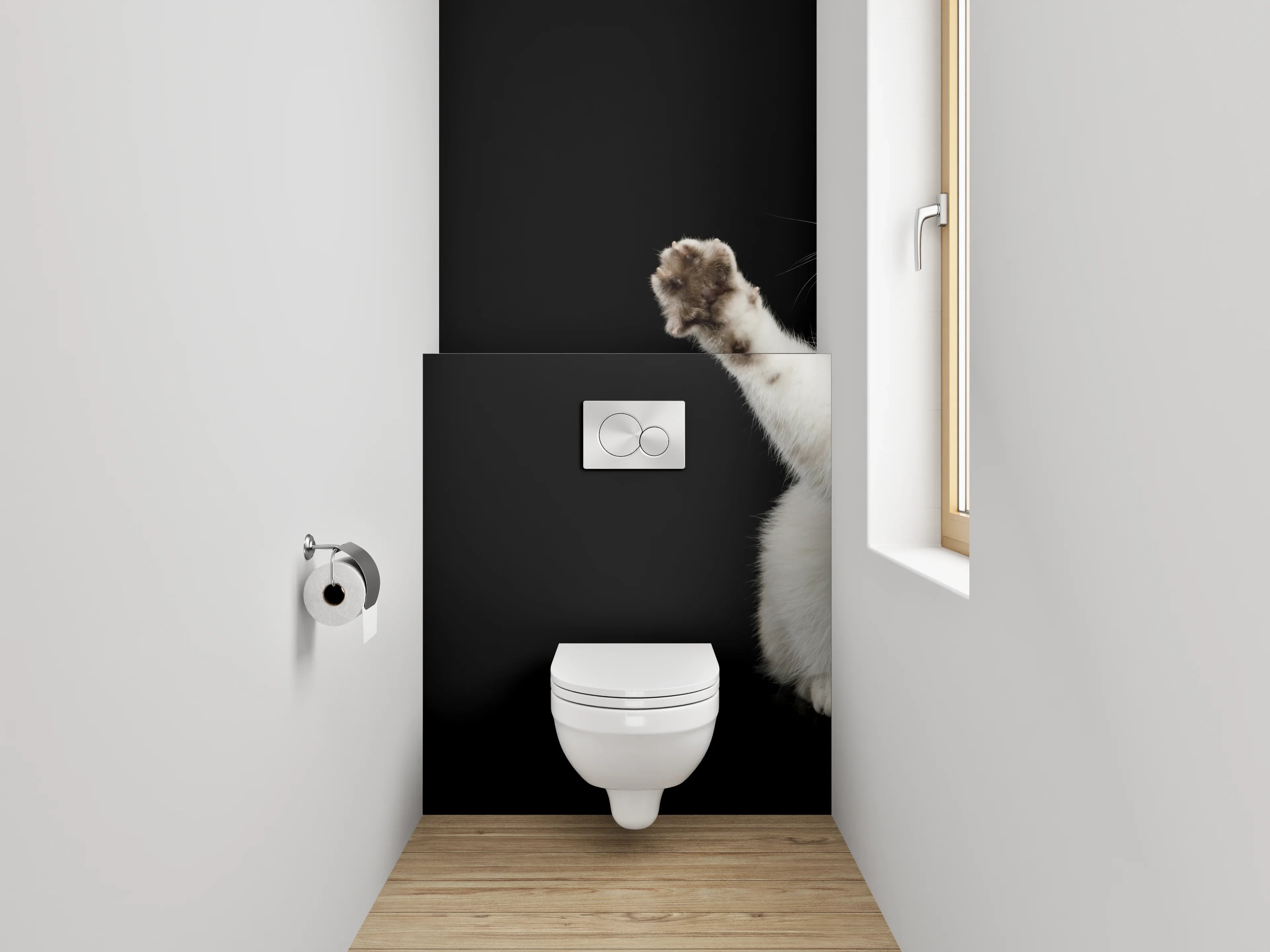 WC-Rückwand - Weiße Katze auf schwarzem Hintergrund
