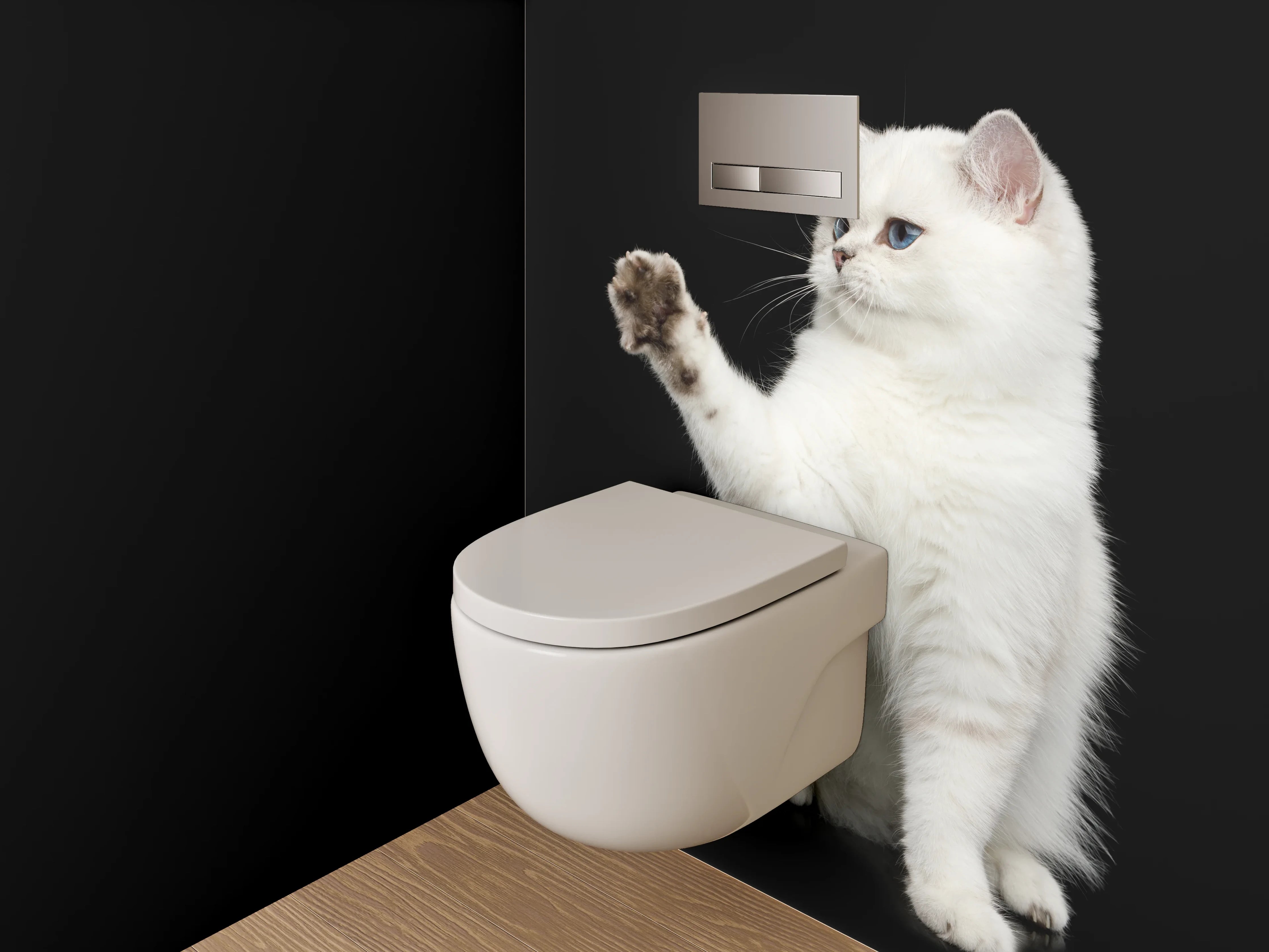 WC-Rückwand - Weiße Katze auf schwarzem Hintergrund