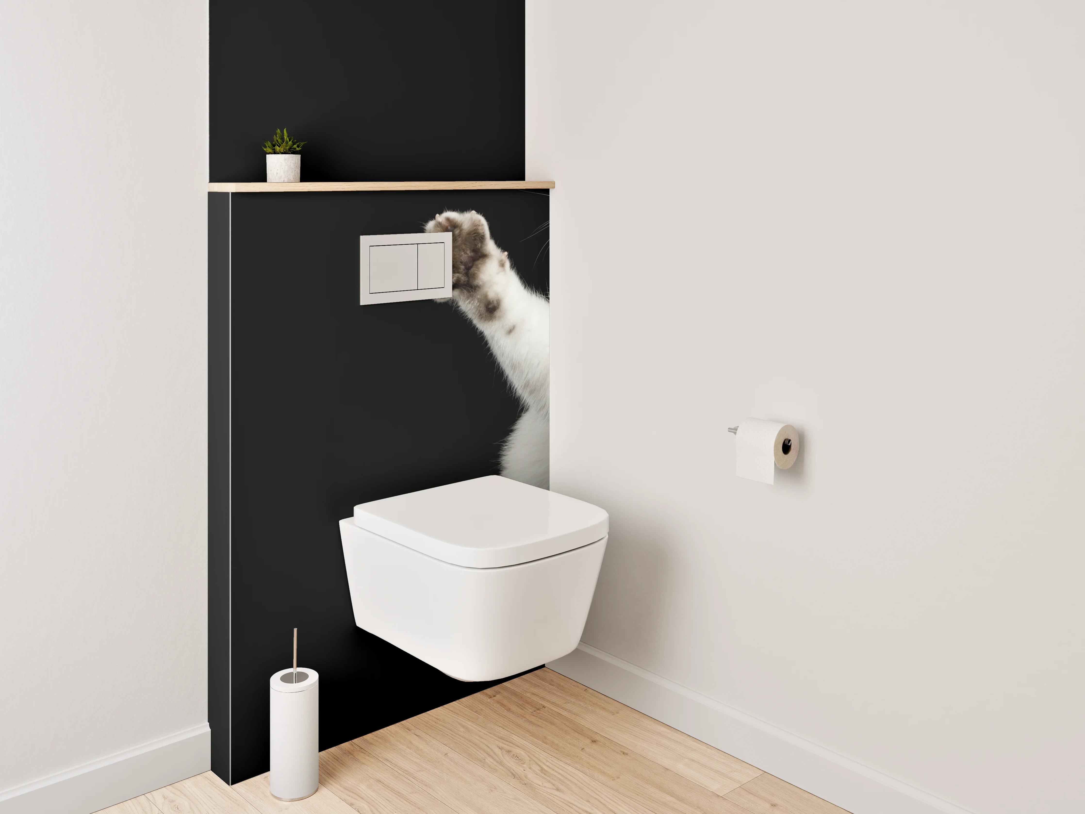 WC-Rückwand - Weiße Katze auf schwarzem Hintergrund
