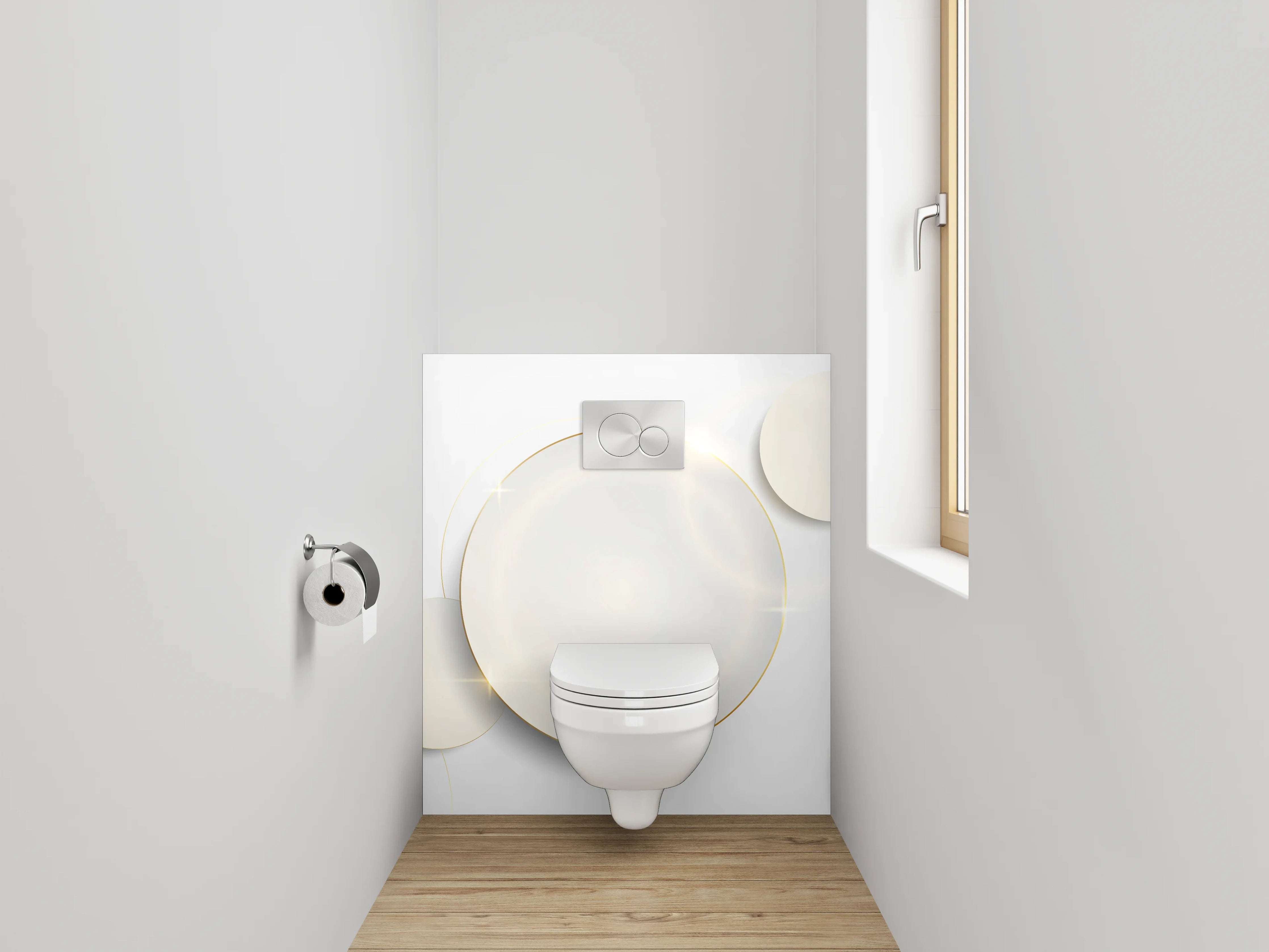 WC-Rückwand - Weiße Kreise auf modernem Hintergrund