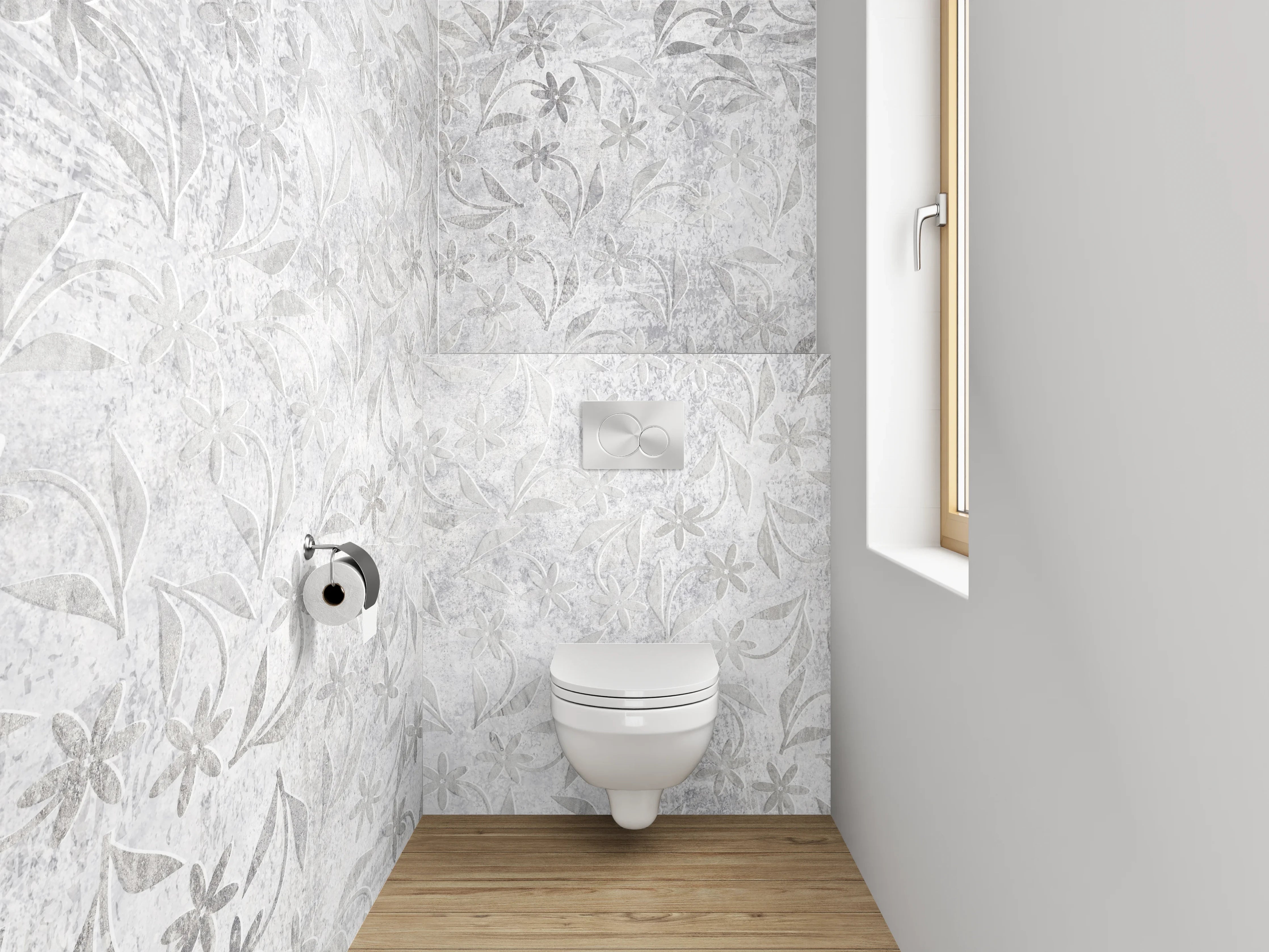 WC-Rückwand - Weiße Marmor-Blätter mit dezentem Muster