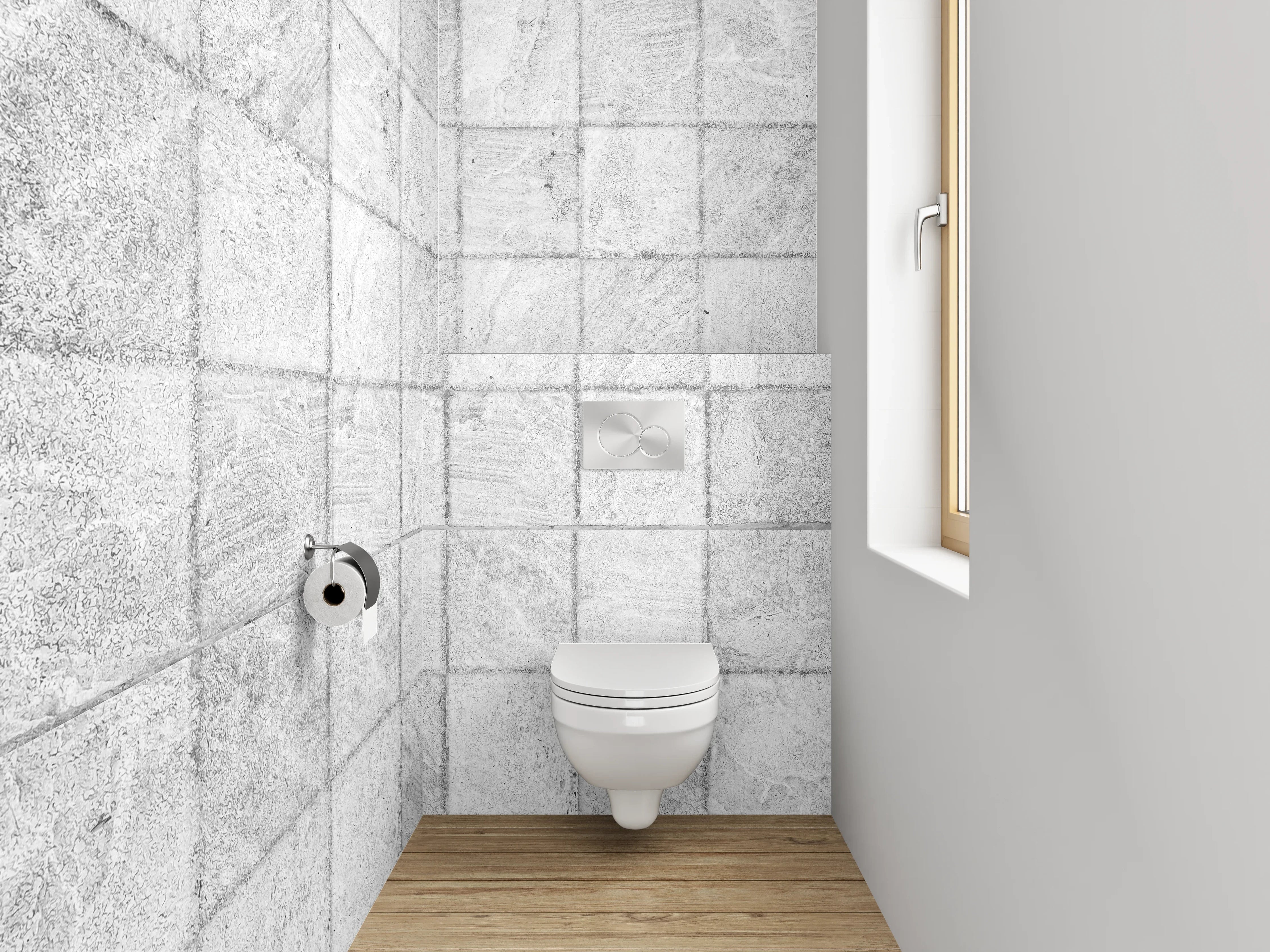WC-Rückwand - Weiße Marmorfliesen mit grau-marmorierter Optik