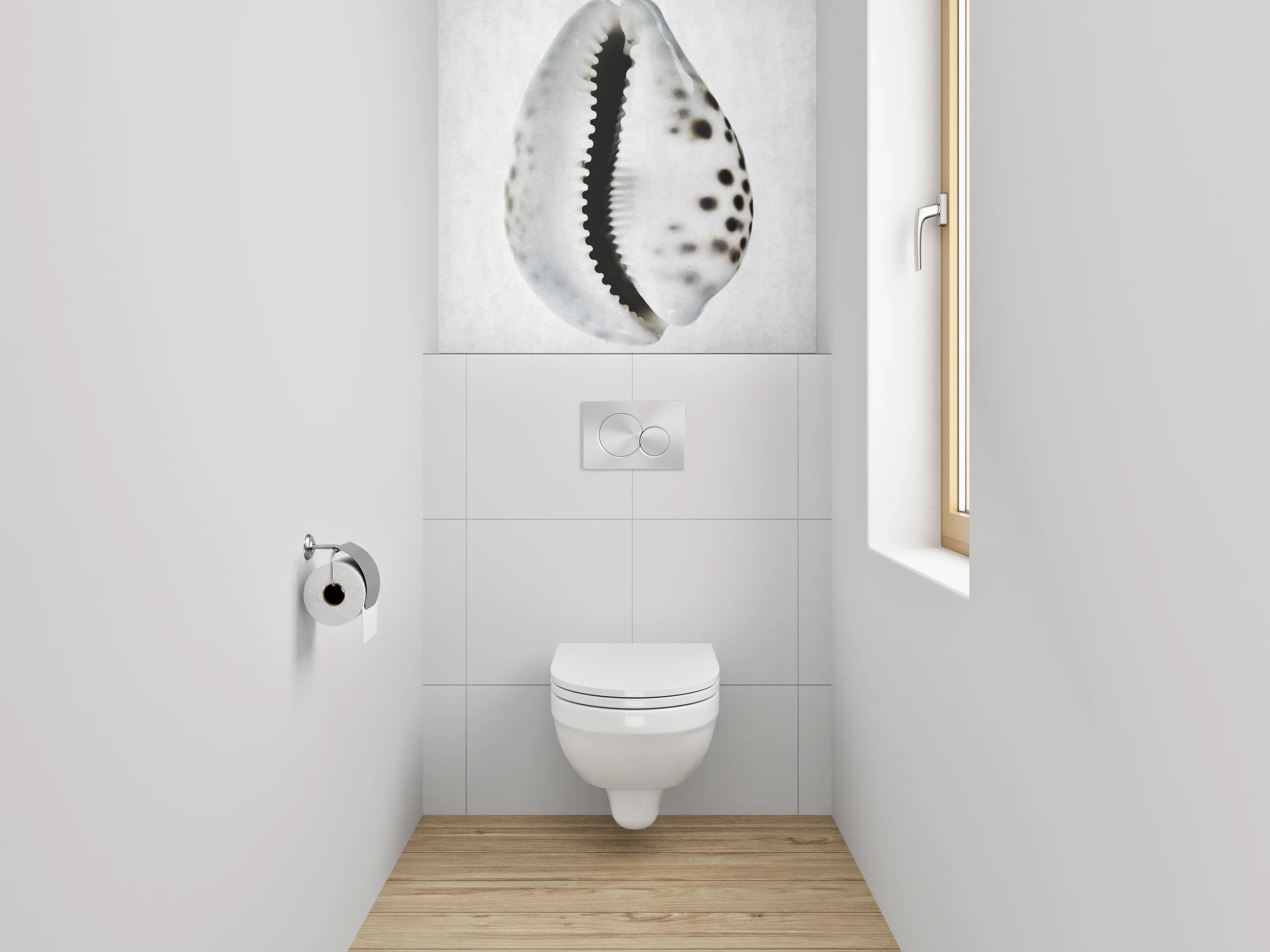 WC-Rückwand - Weiße Muschel mit schwarzen Punkten
