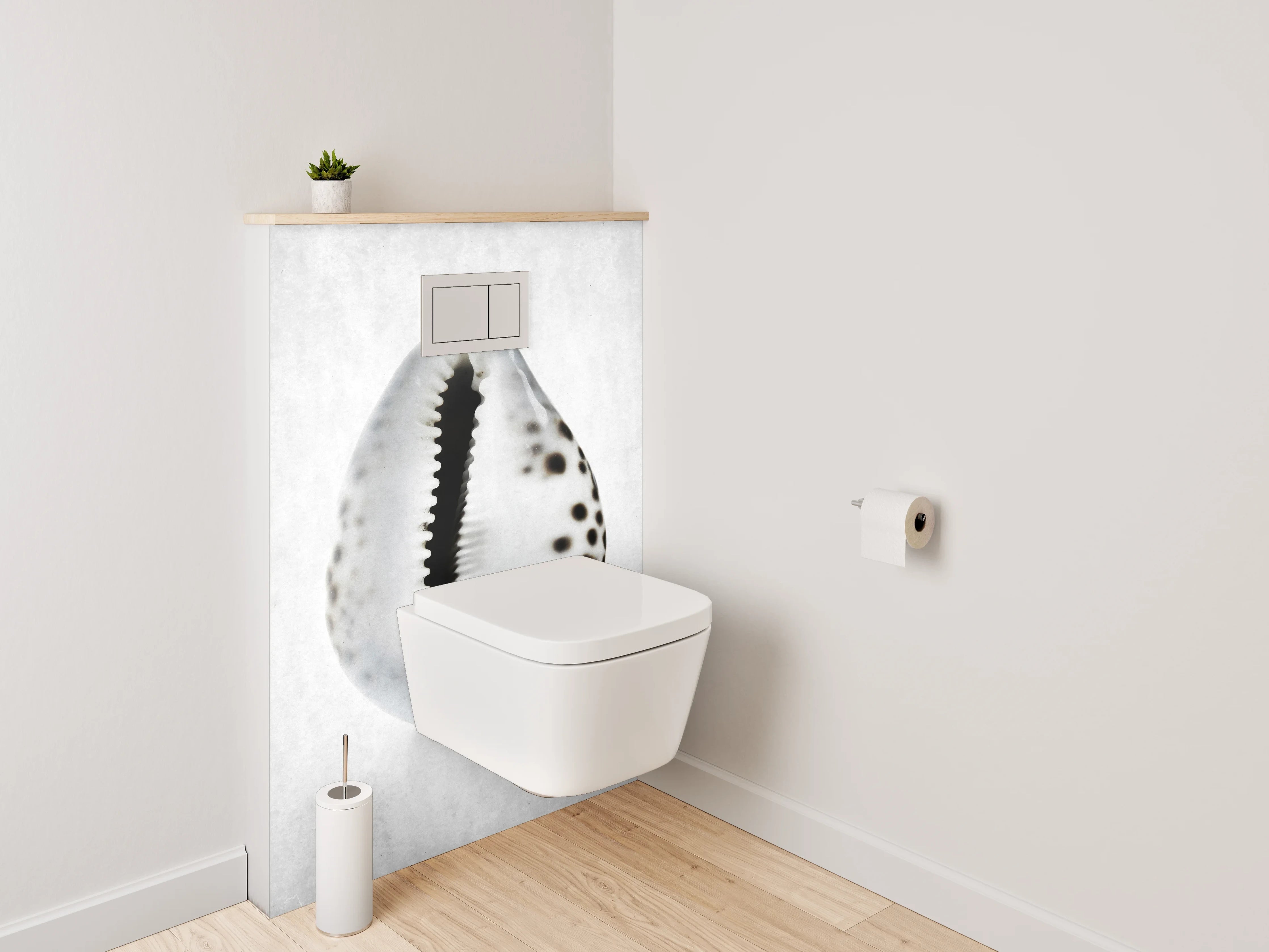WC-Rückwand - Weiße Muschel mit schwarzen Punkten