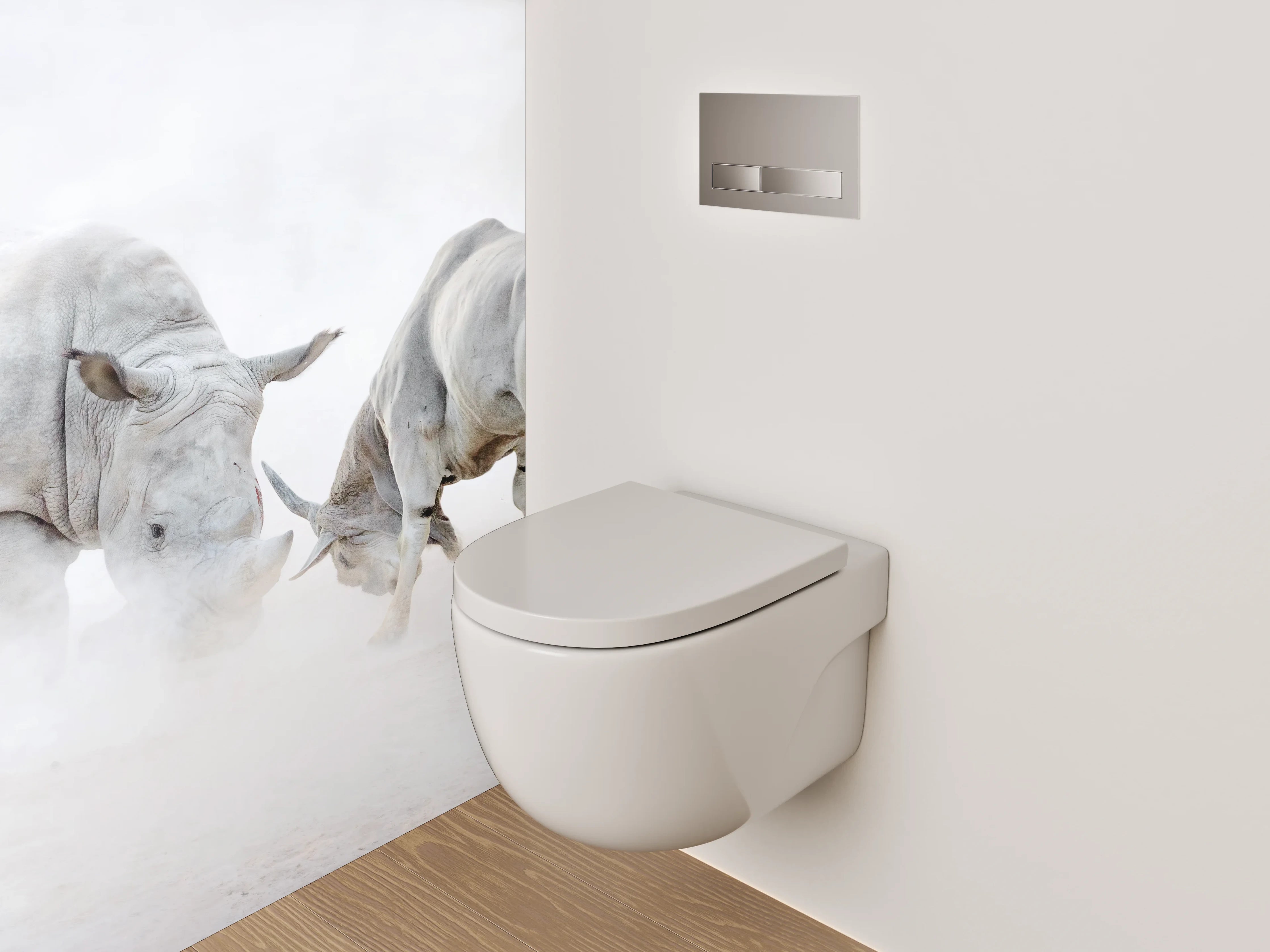 WC-Rückwand - Weiße Nashörner kämpfen im Nebel