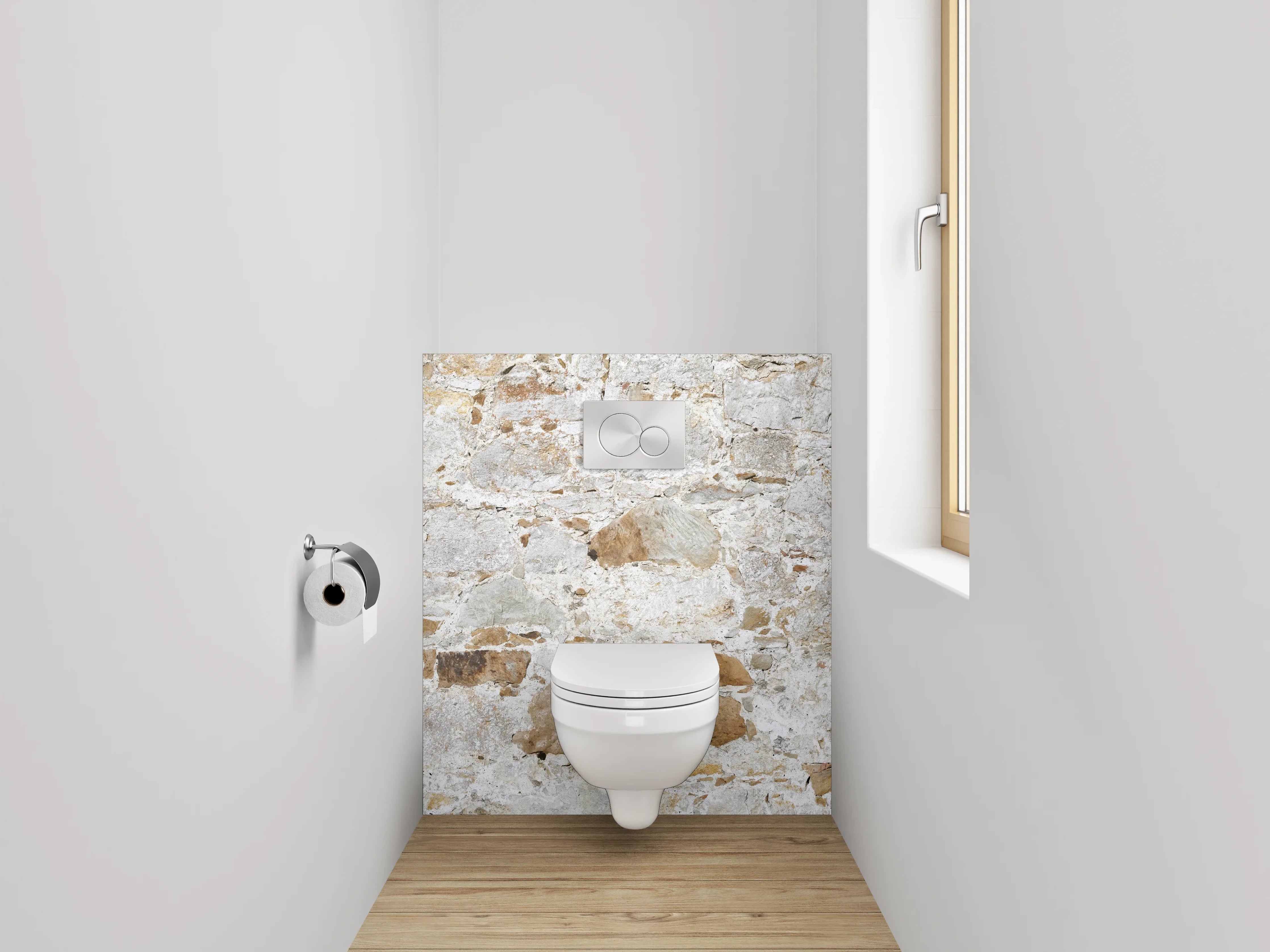 WC-Rückwand - Weiße Natursteinmauer für stilvolles Ambiente
